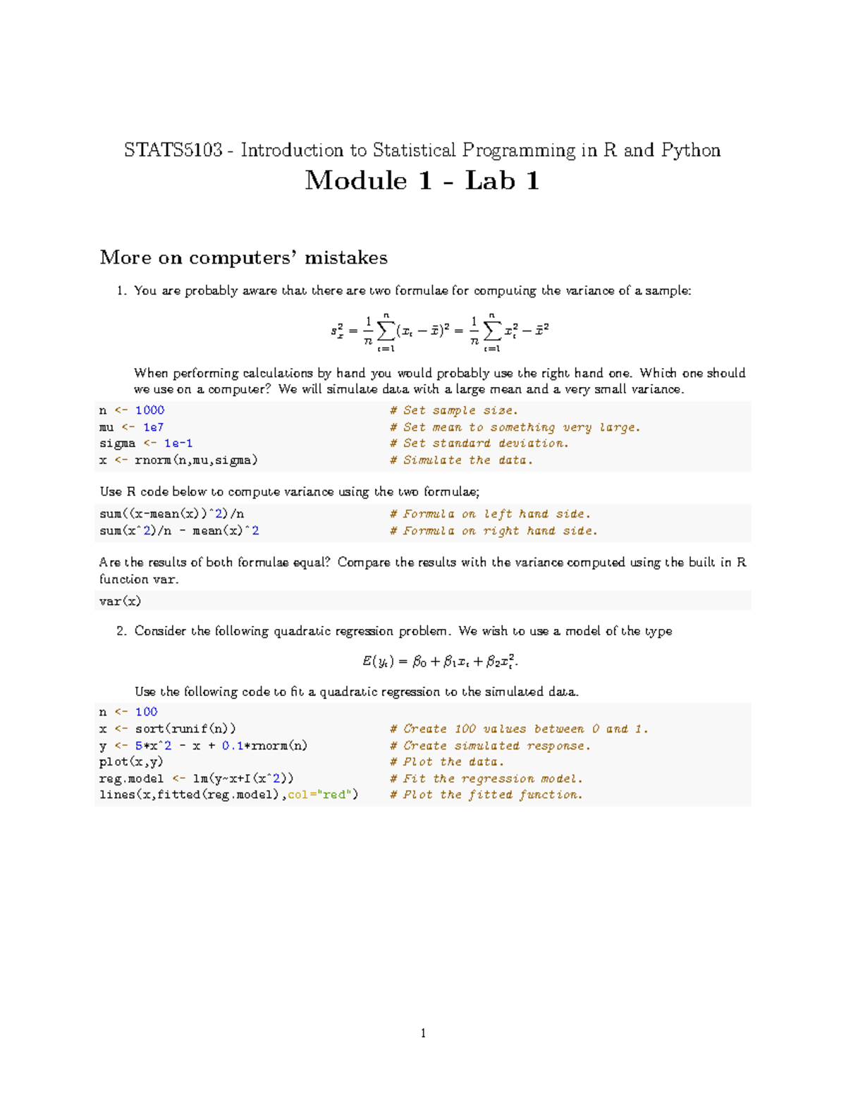 Lab1 - R Lab 1 - STATS5103 - Introduction to Statistical Programming in ...