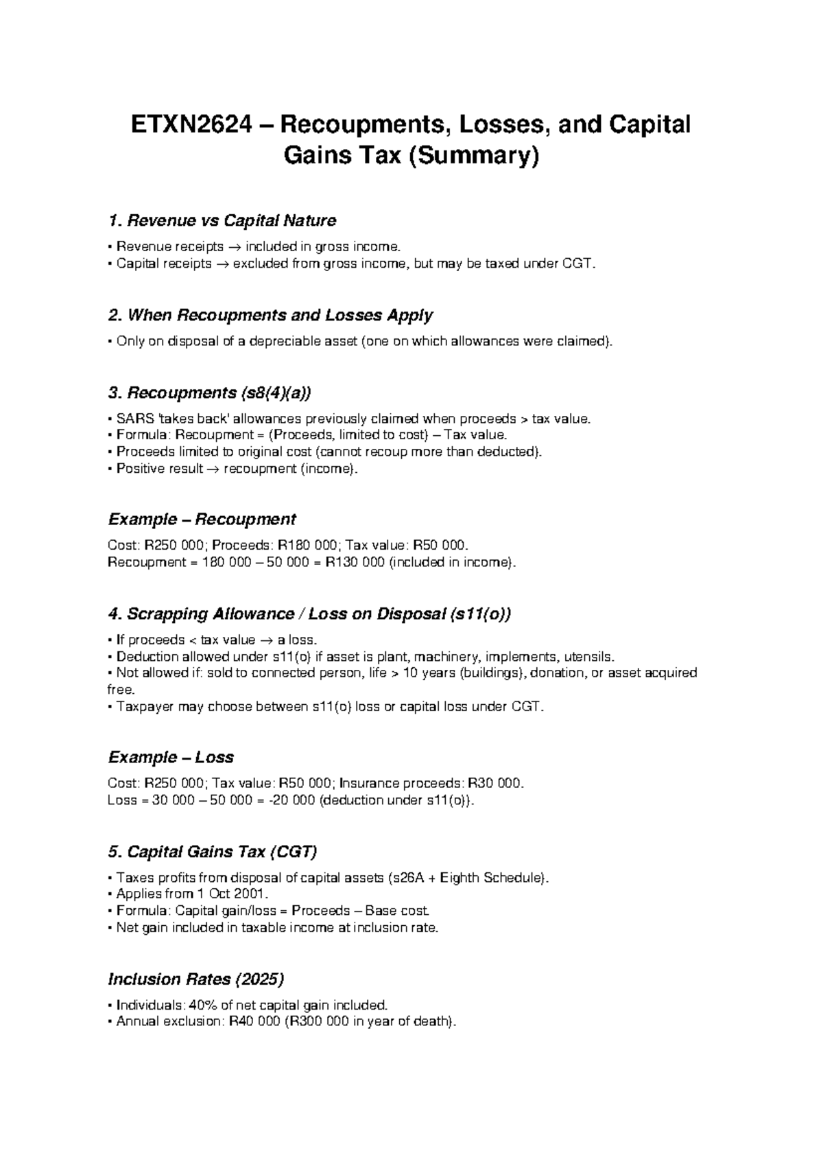 ETXN2624 Recoupments, Losses, and CGT Summary Notes - Studocu