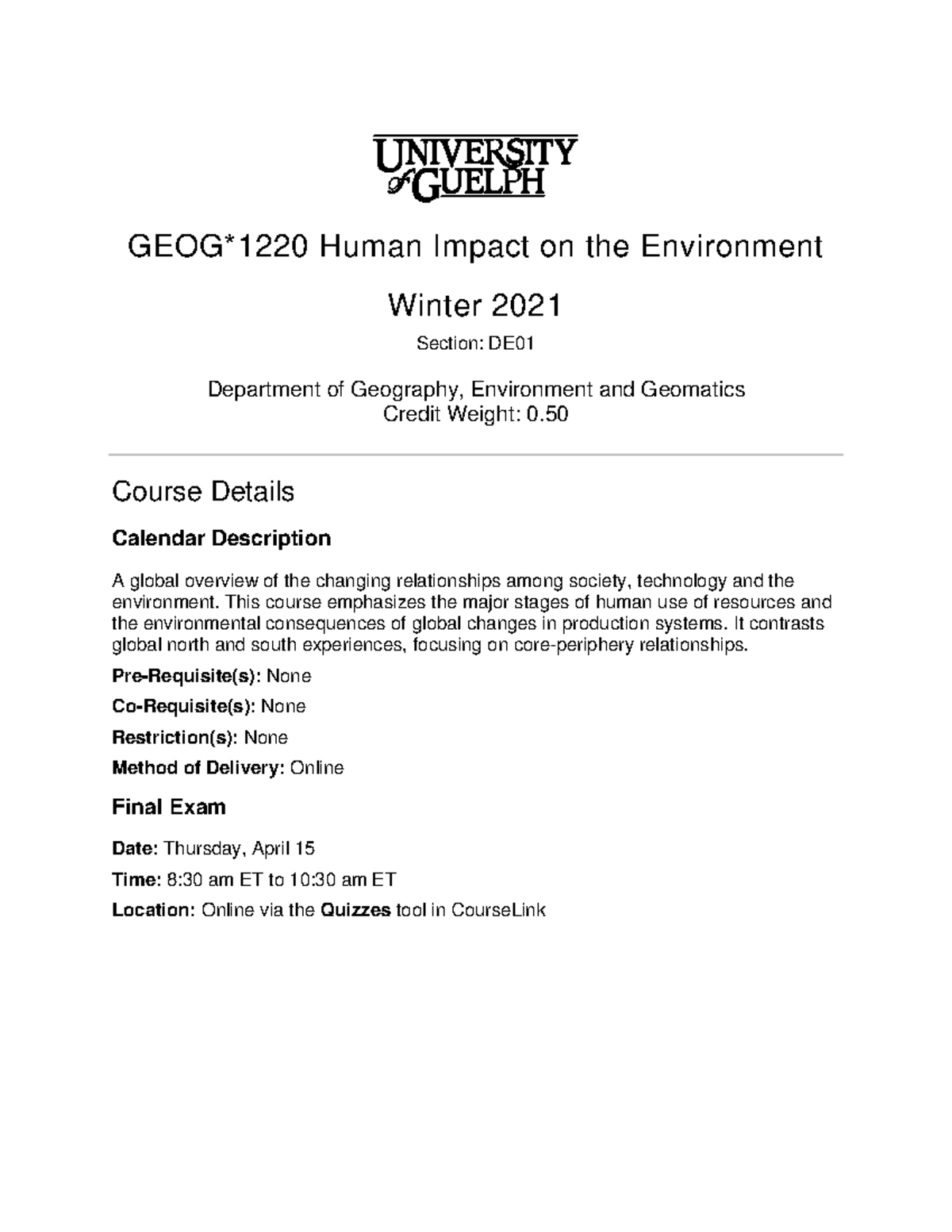GEOG 1220 Final Exam Outline: Human Impact on the Environment - Studocu