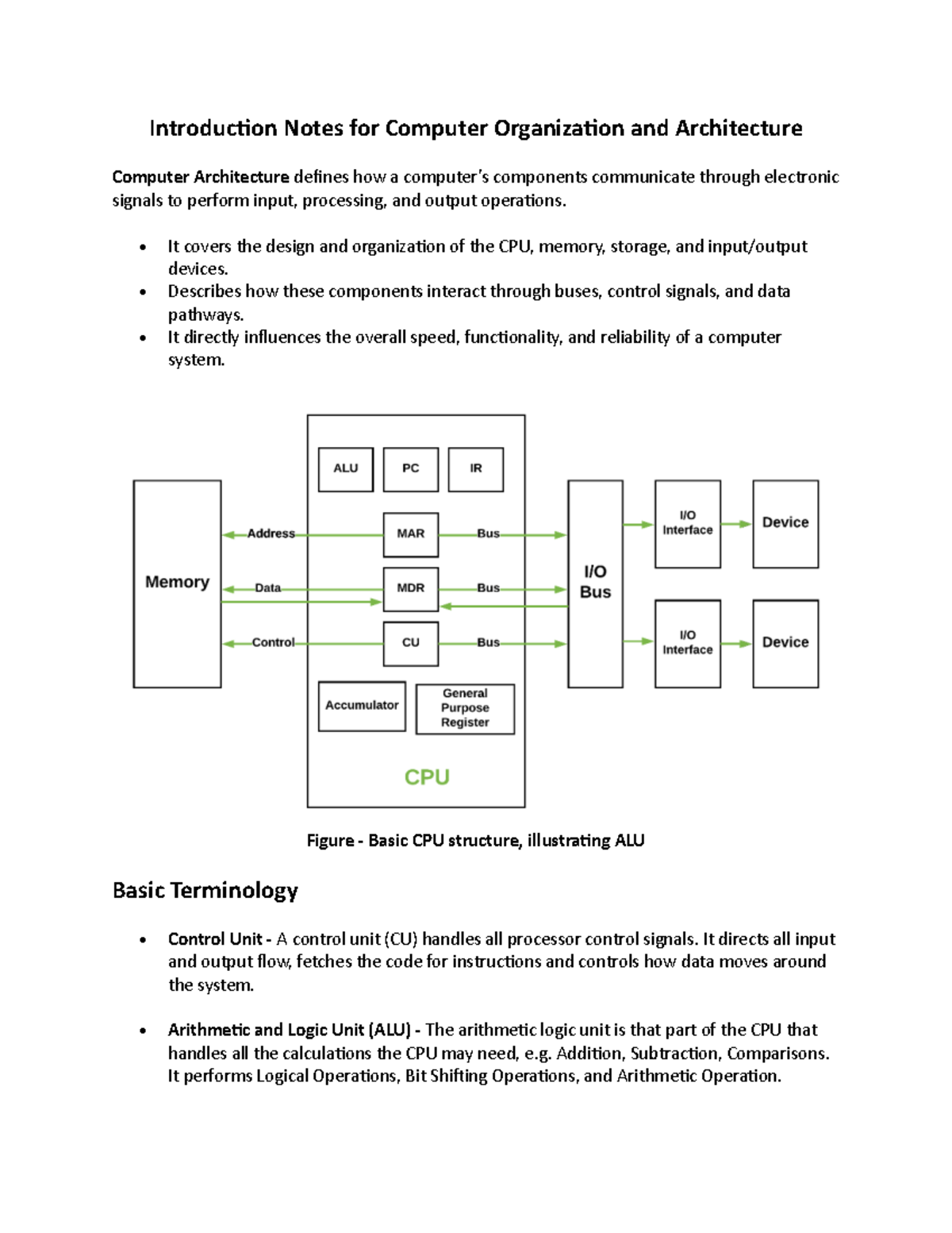 Introduction Notes for Computer Organization & Architecture - Studocu