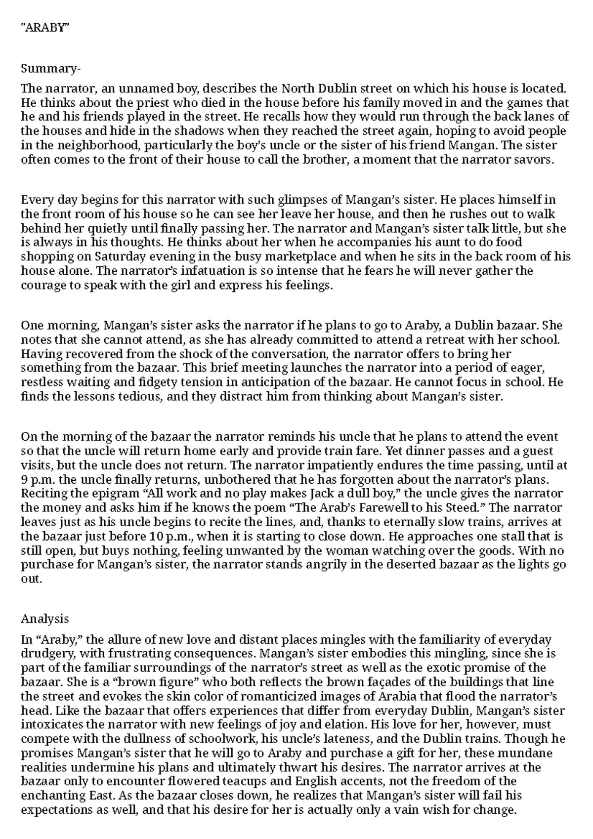 Araby (ENG 101) - Summary and Analysis of the Narrator's Journey - Studocu