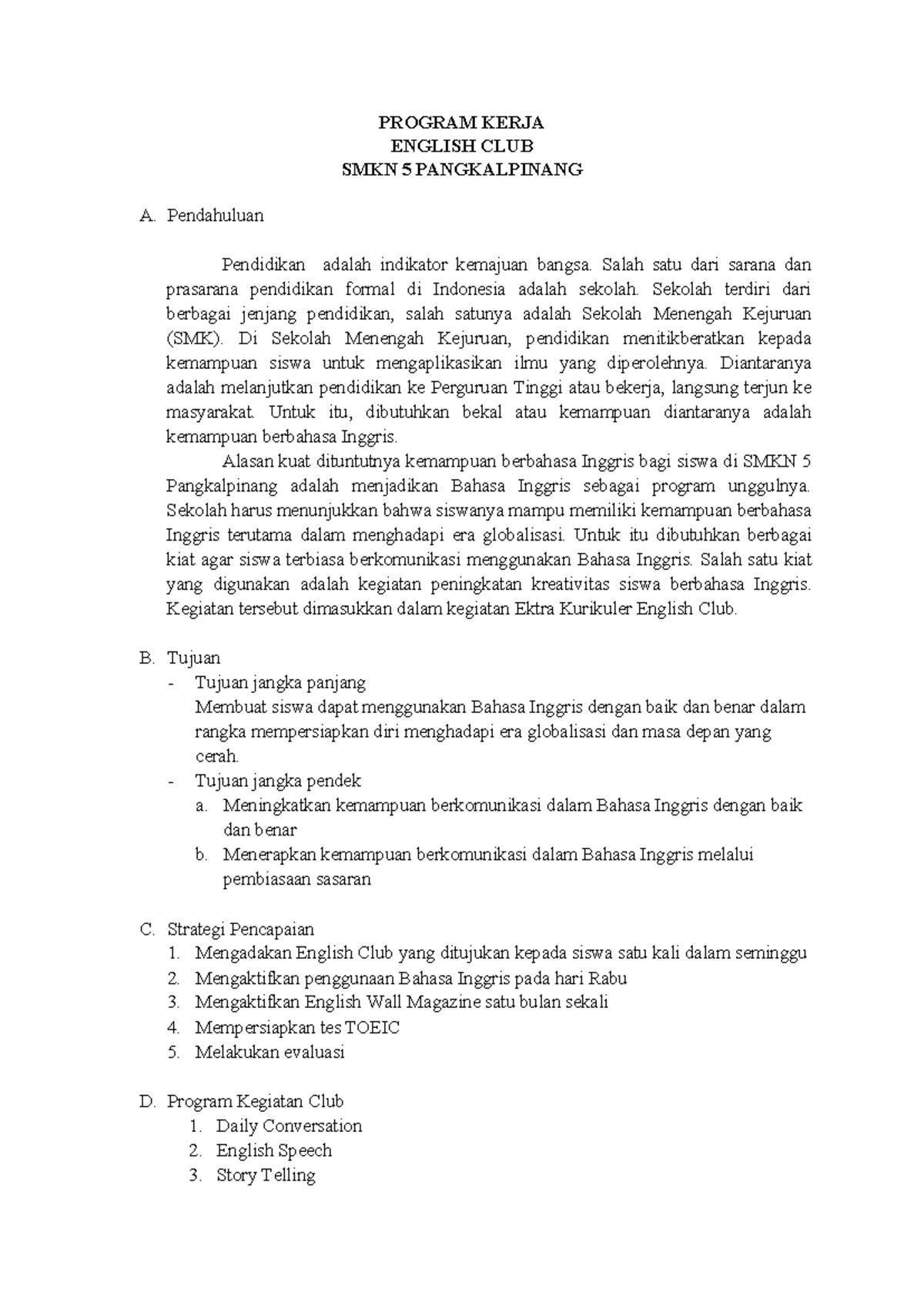 Program Kerja English Club SMKN 5 Pangkalpinang - Studocu