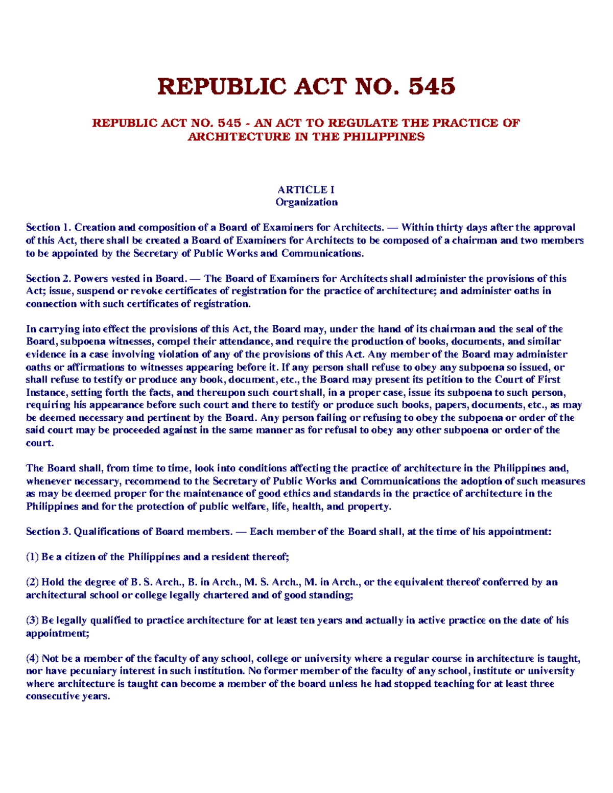 Republic Act No. 545: Regulating Architecture Practice in the ...