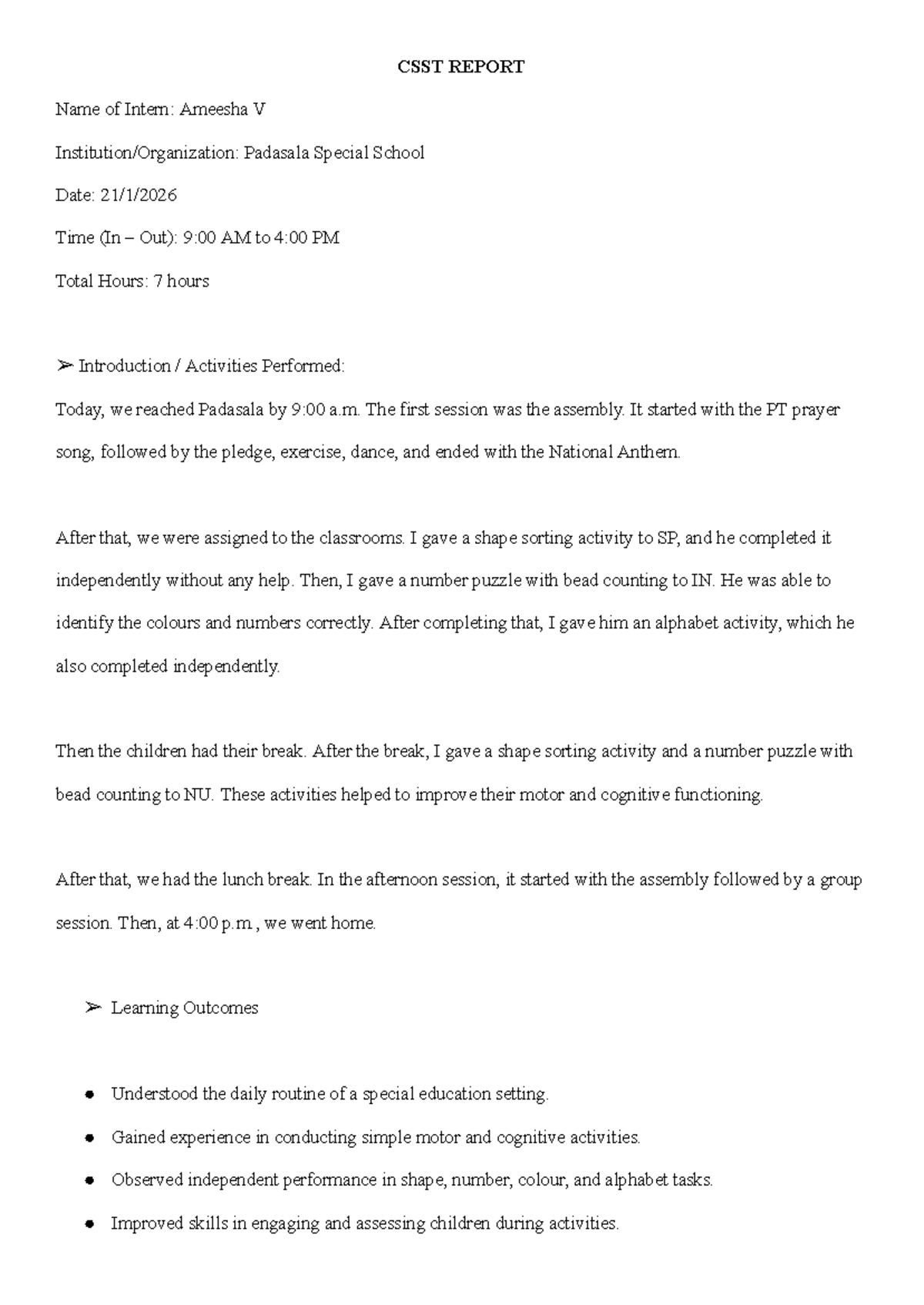 CSST Report (21 1 26): Intern Experience at Padasala Special School ...