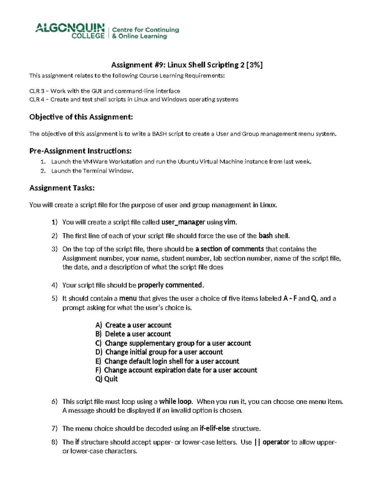 CST8102 Assignment 9: Linux User Manager Shell Script Lab 030 - Studocu