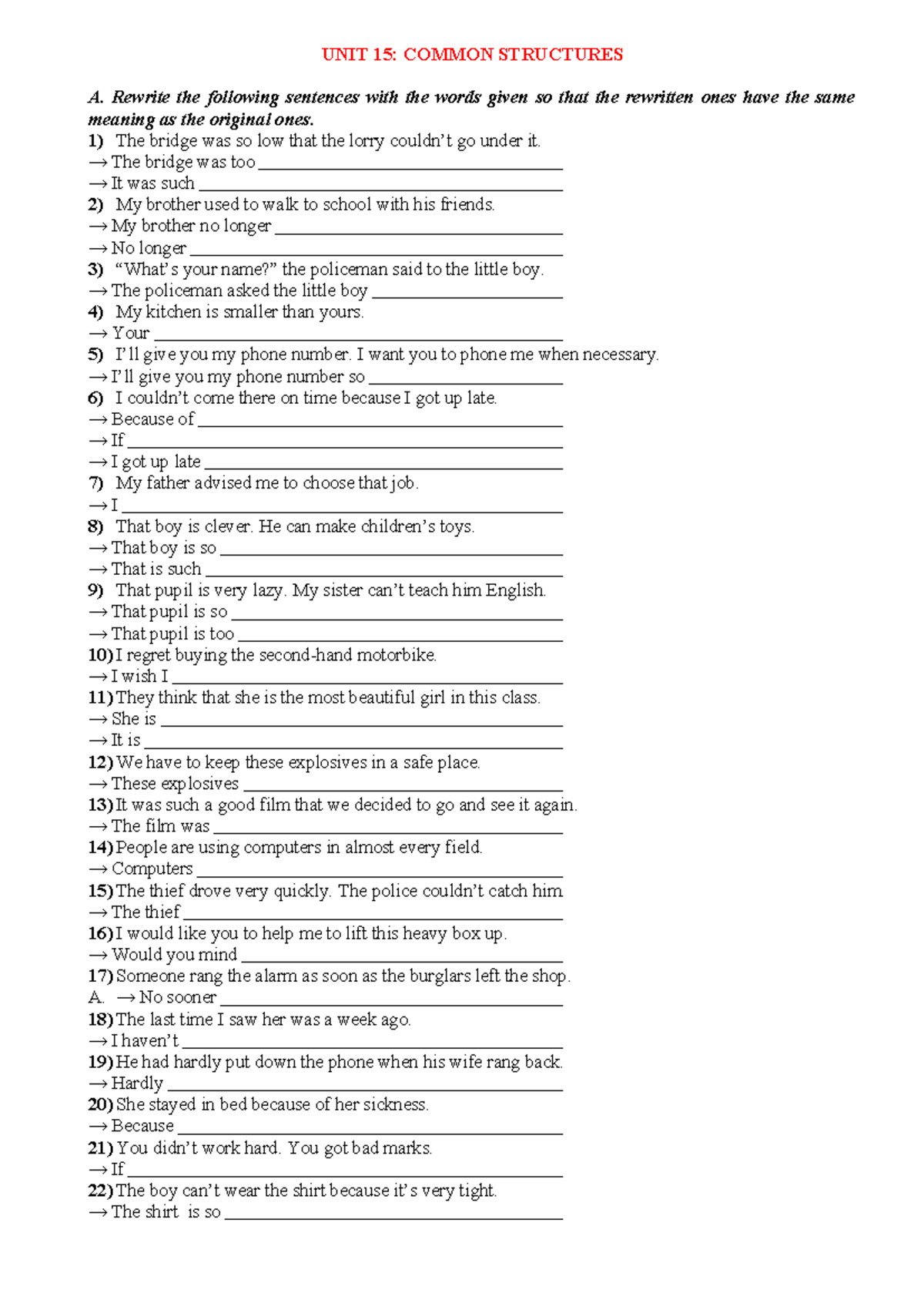 Chuyên Đề 15: Common Structures - Sentence Rewriting Exercises - Studocu