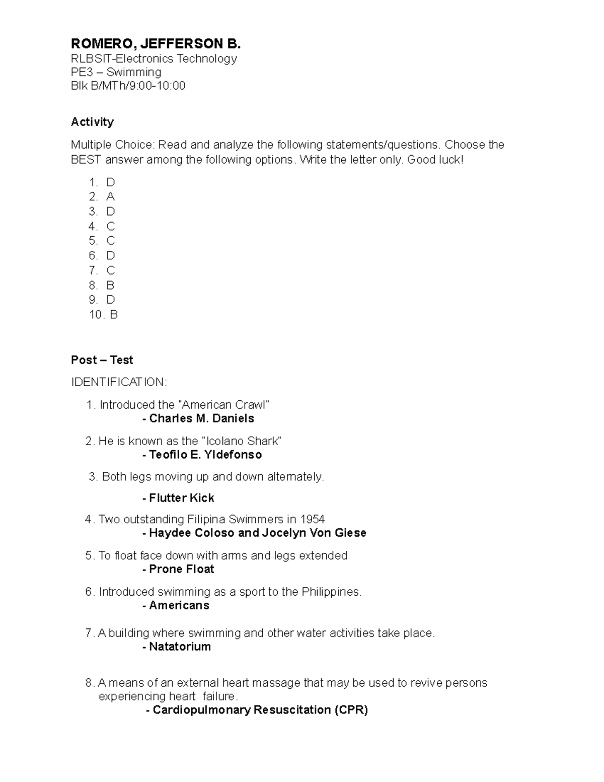 PE-3 Module 1 Swimming Activity & Post-Test Answers - Studocu
