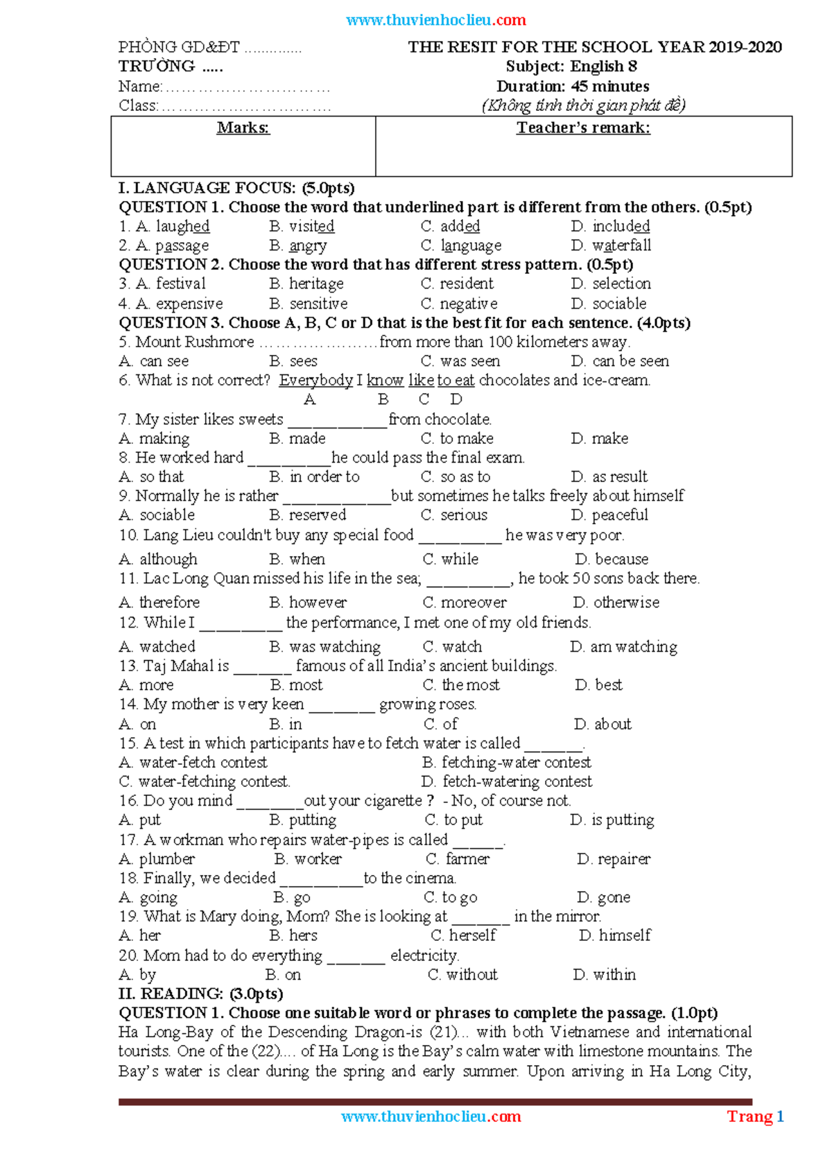 English 8 Resit Exam: Language Focus, Reading, and Writing Exercises ...