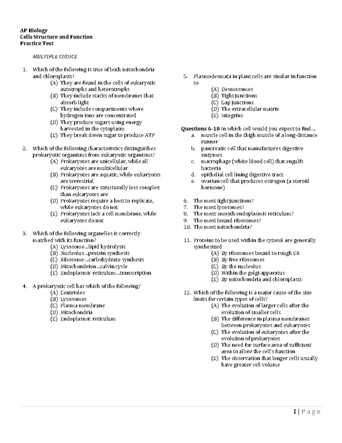 AP Biology Cell Structure and Function MCQ Practice Test - Studocu