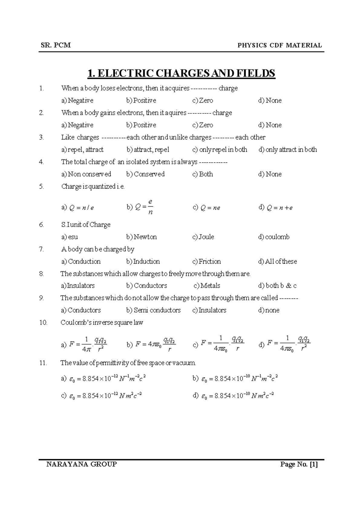 CDF- Class XII Electric Charges AND Fields ( Physics) - 1. ELECTRIC ...