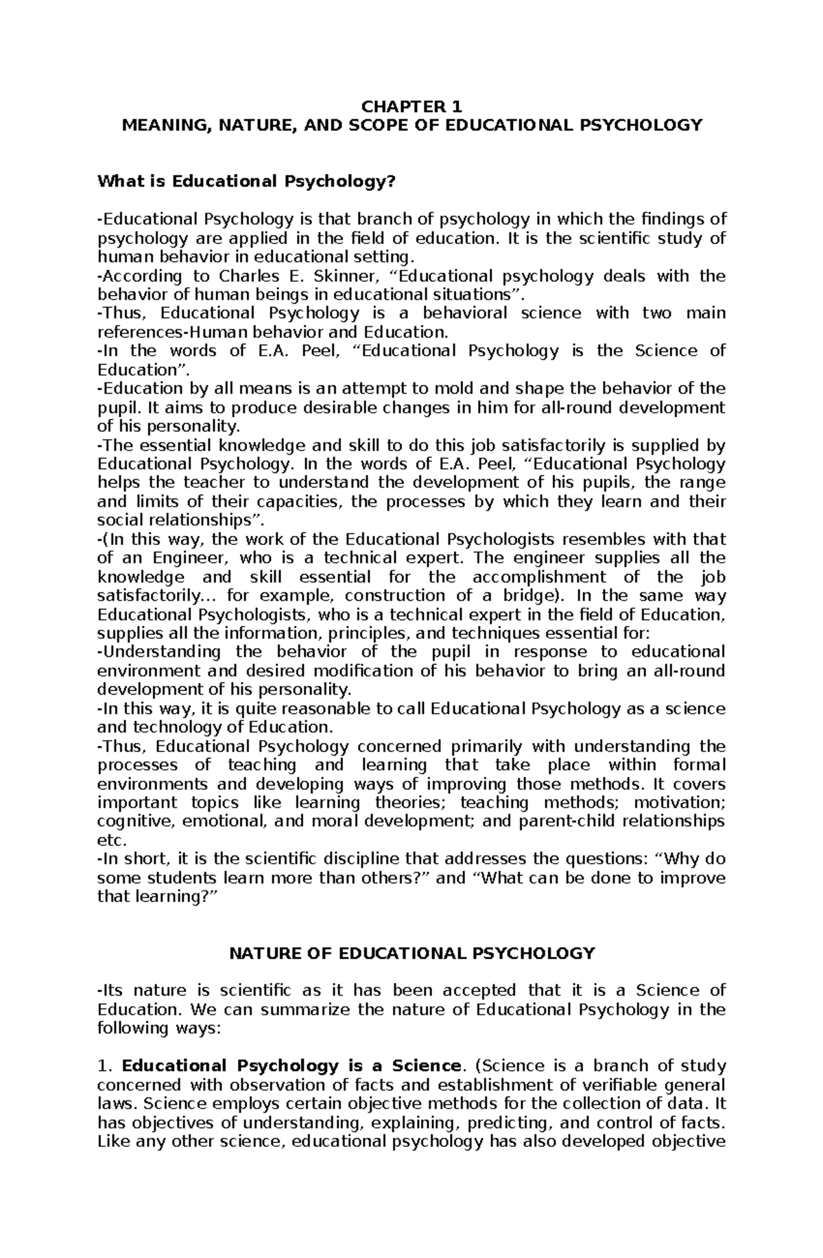 CHAPTER 1: MEANING, NATURE, AND SCOPE OF EDUCATIONAL PSYCHOLOGY - Studocu