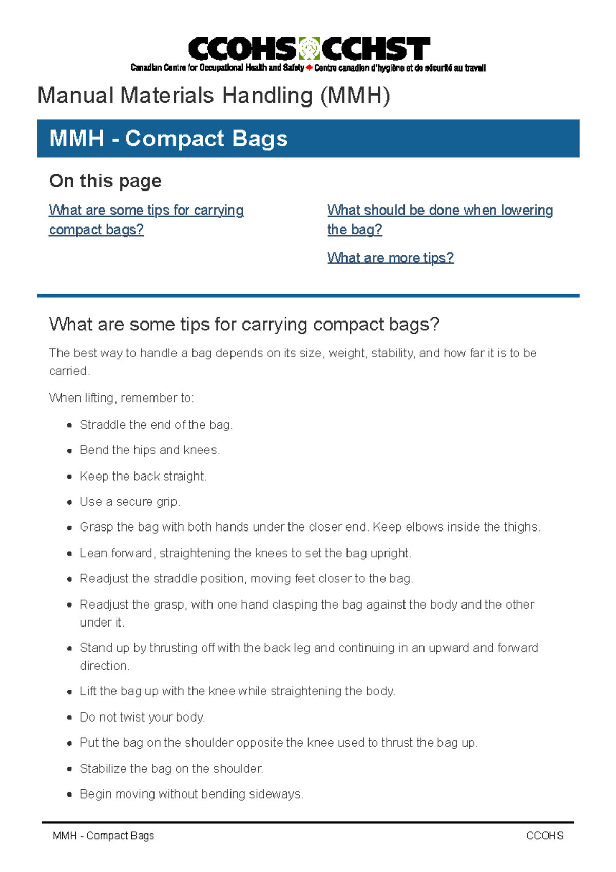 Compactbags - compact bags - MMH - Compact Bags CCOHS Manual Materials ...