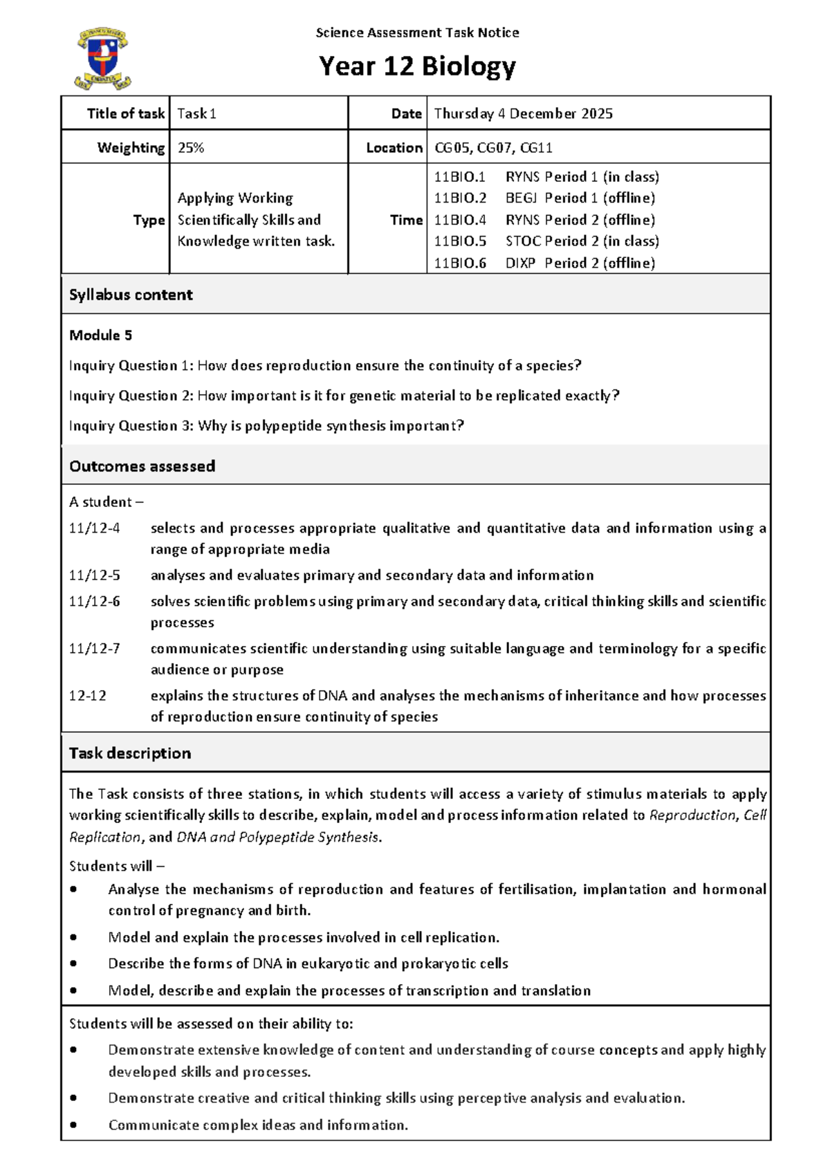 2026 Year 12 Biology Assessment Task 1: Working Scientifically Skills ...