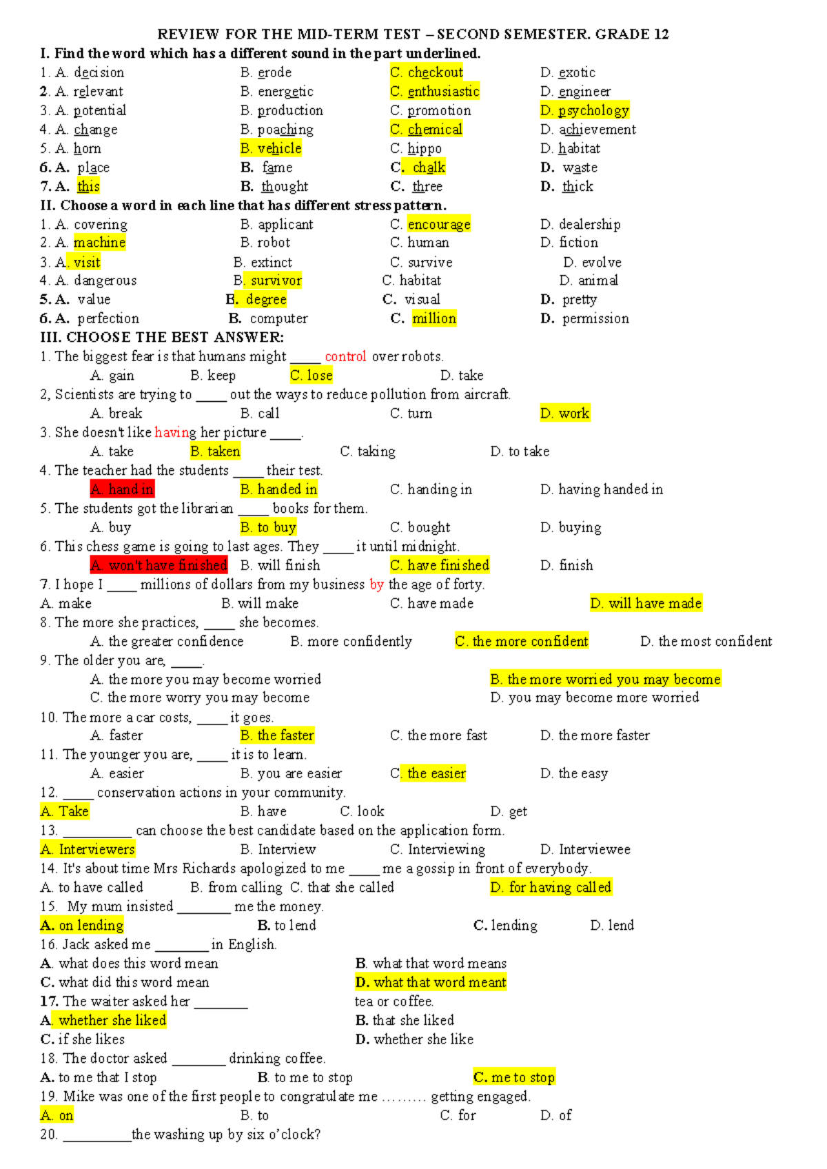 1234 - Test - REVIEW FOR THE MID-TERM TEST – SECOND SEMESTER. GRADE 12 ...