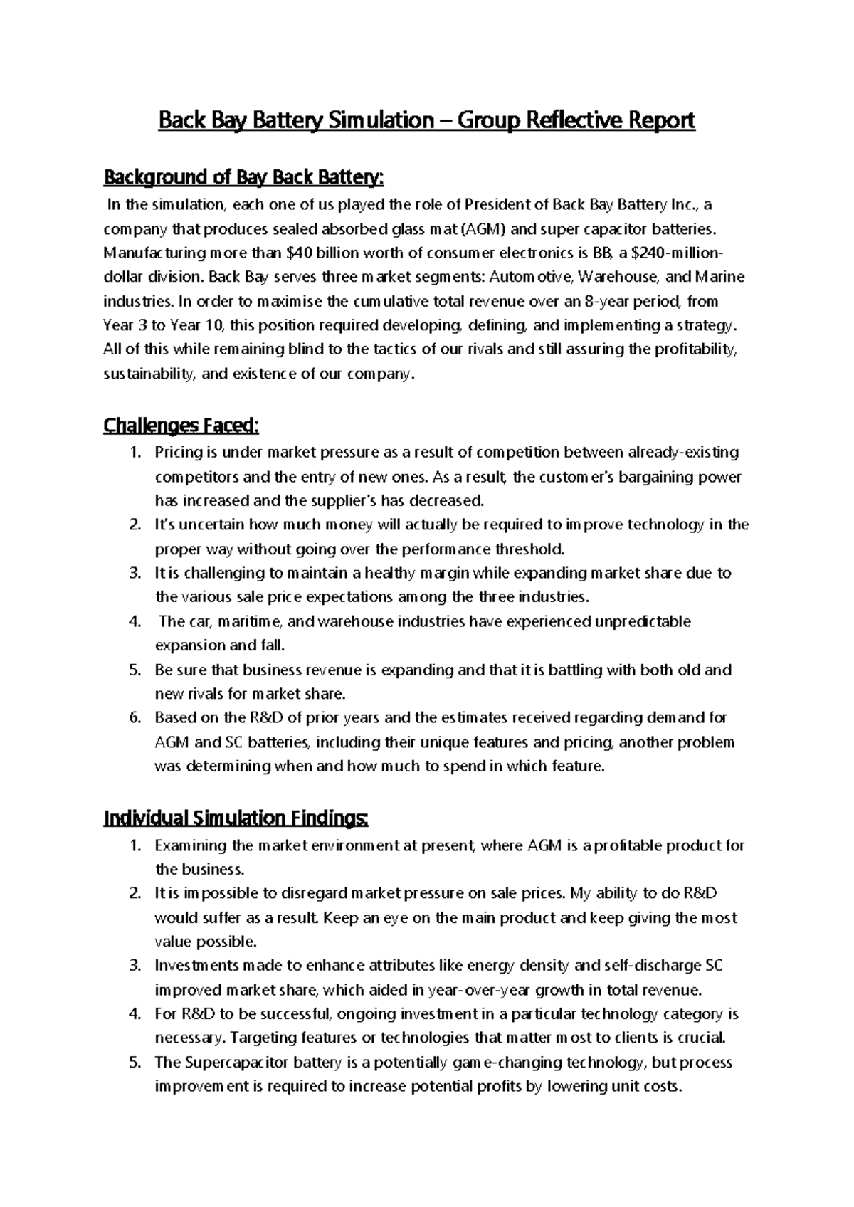 IMT BACK BAY Group 10 Reflective Report on Battery Simulation - Studocu