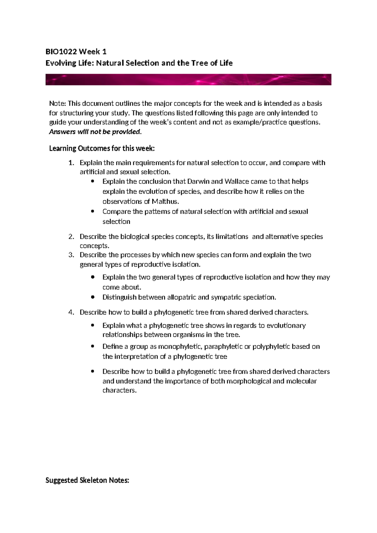 BIO1022 Week 1 Study Guide: Natural Selection & Phylogenetic Analysis ...