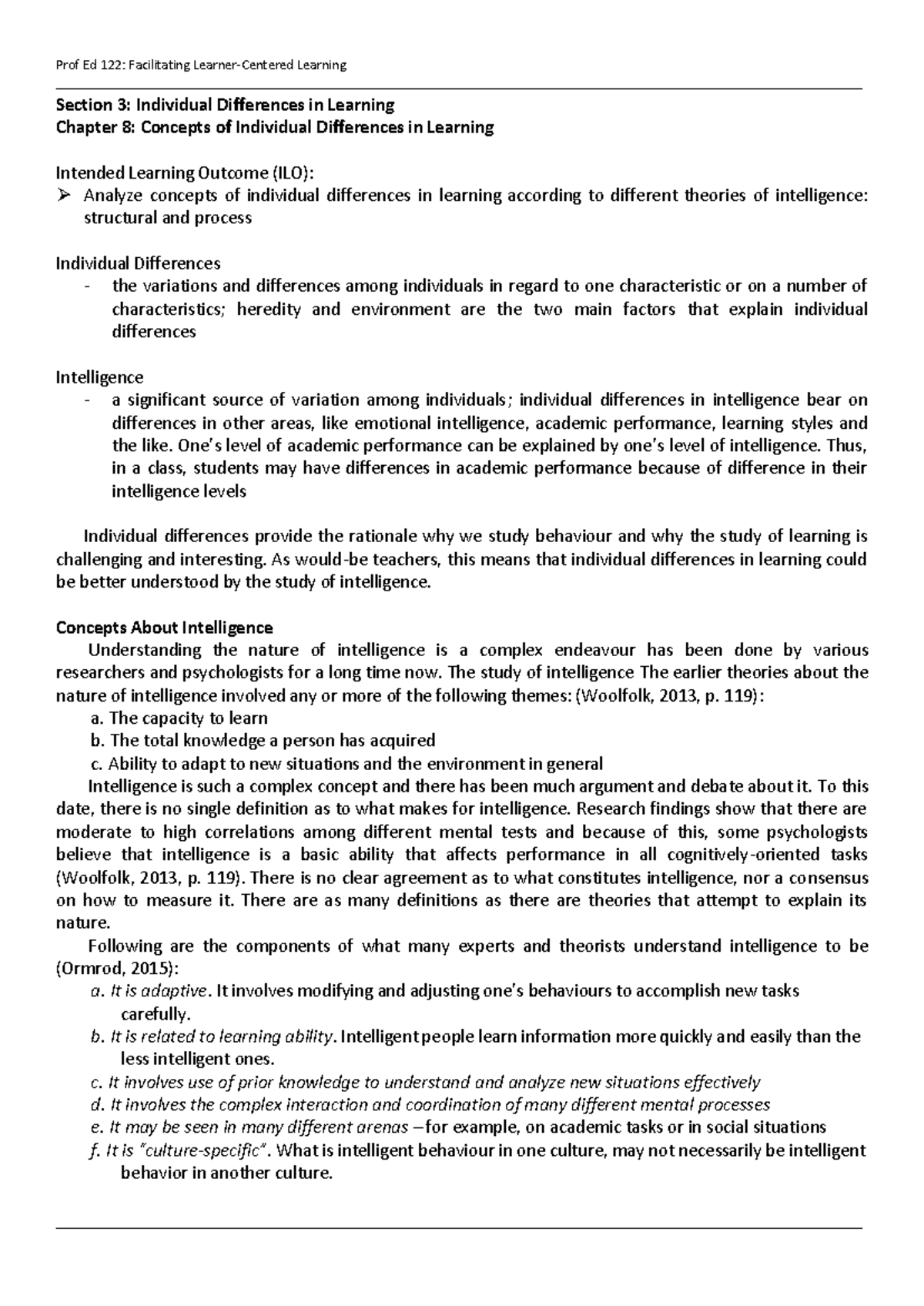 Chapter 8: Individual Differences in Learning & Theories of ...