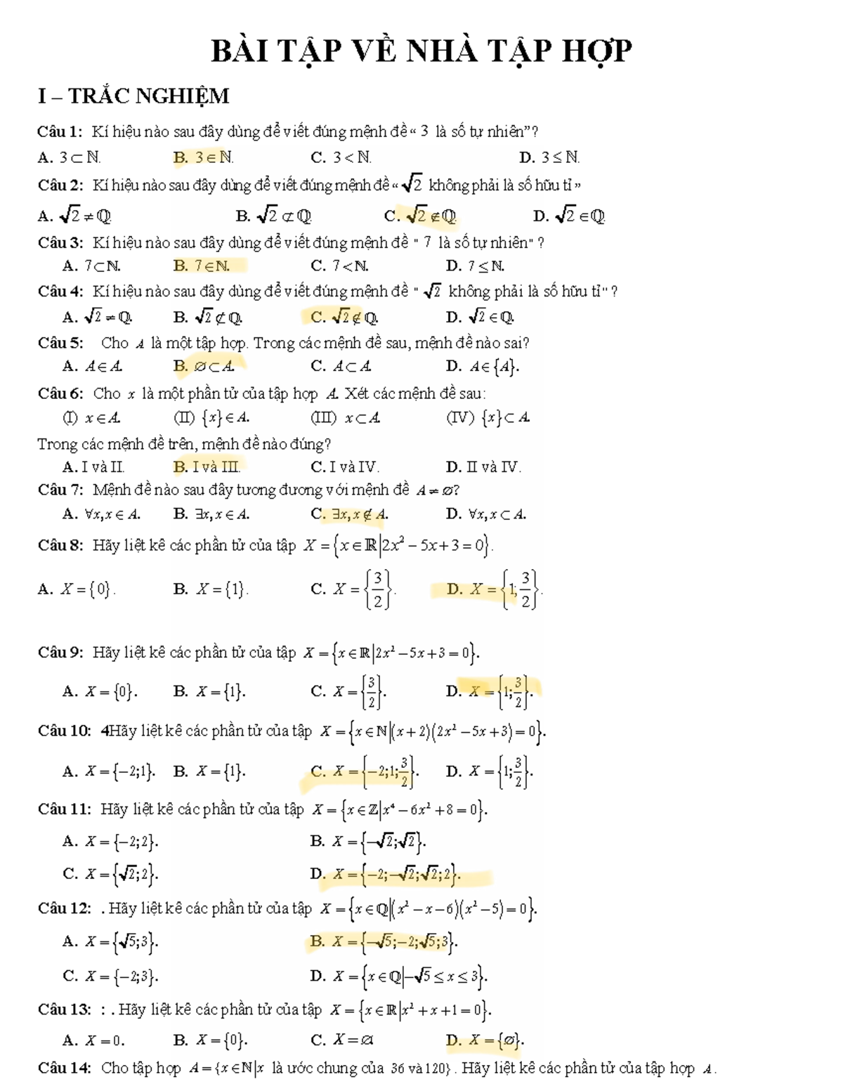 BTVN TẬP HỢP I TRẮC NGHIỆM VÀ TỰ LUẬN - math - Studocu
