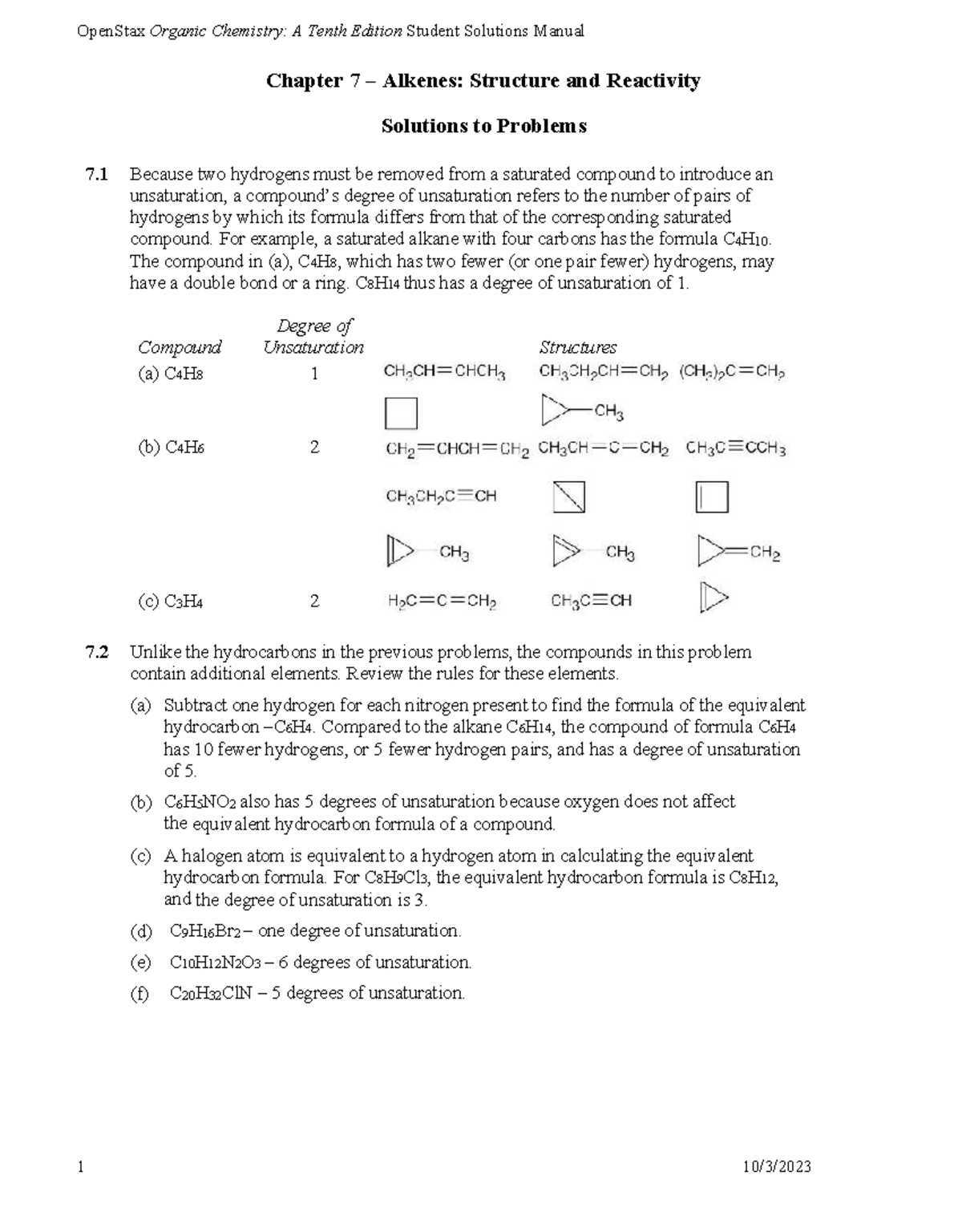 OpenStax Organic Chemistry 10e: Solutions Manual Chapter 7 - Alkenes ...