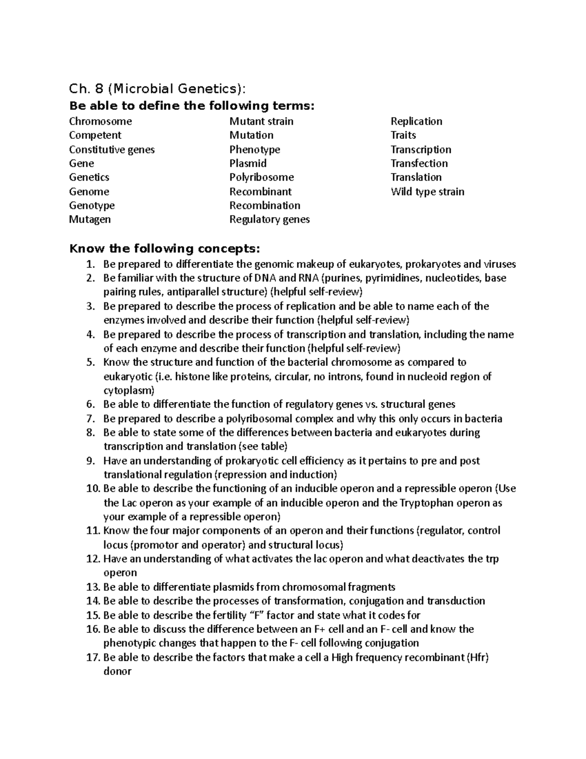 Ch. 8 Study Guide: Key Concepts in Microbial Genetics and Definitions ...