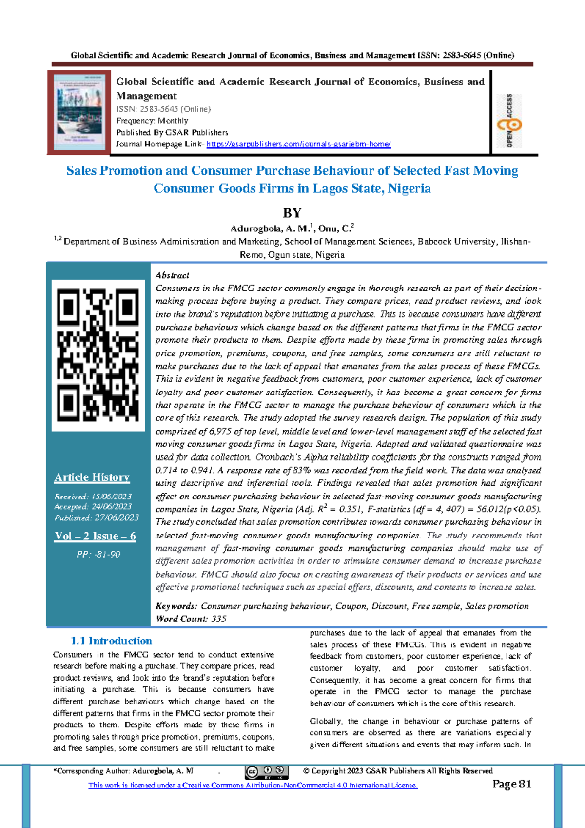 Sales Promotion and Consumer Purchase Behavior in FMCG Firms (GSAR ...