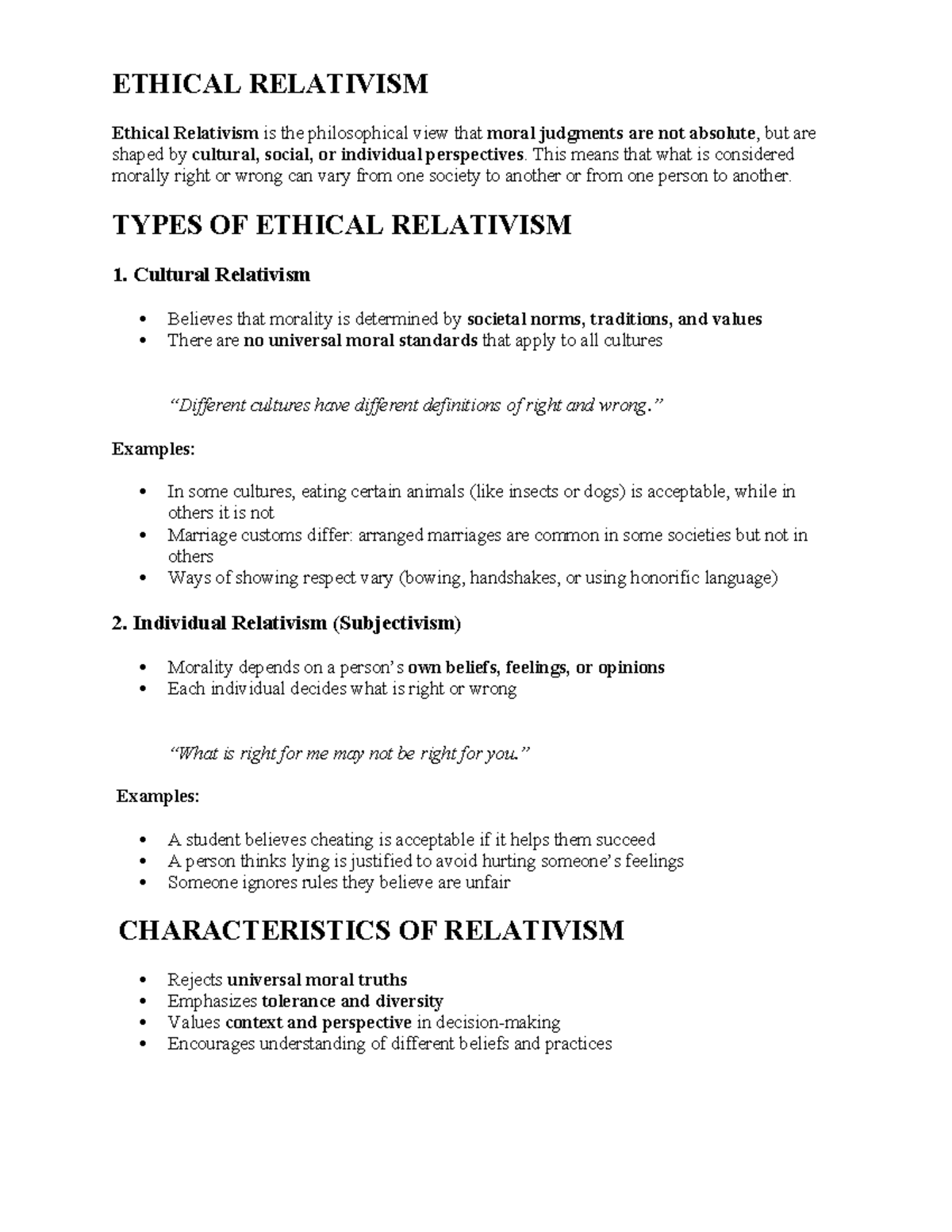 Ethical Relativism Overview - EFRHHKUUJ - Studocu