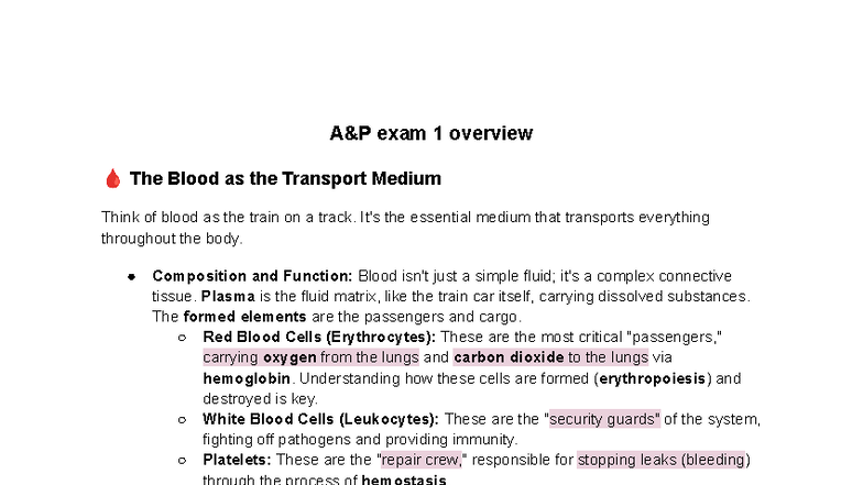 AP2 - Exam 1 Overview: The Blood as the Transport Medium - Studocu