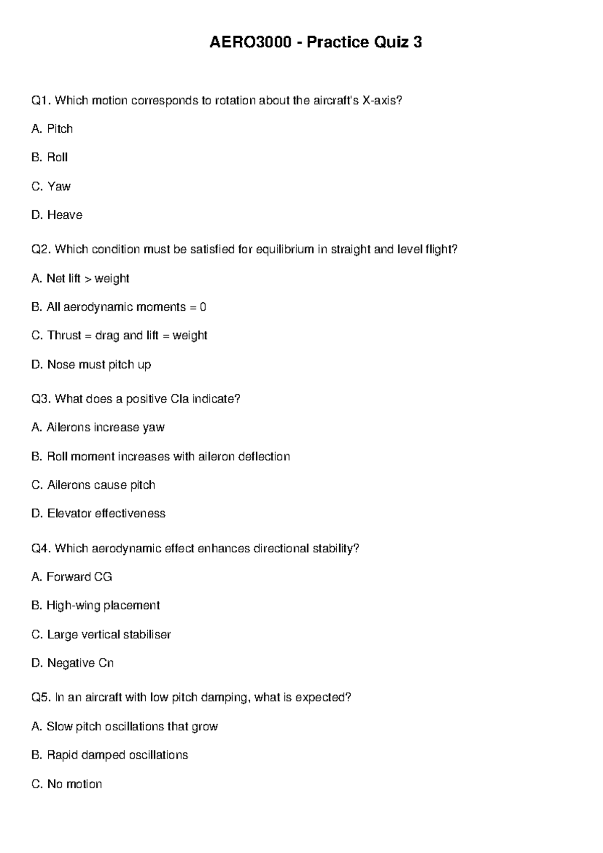 AERO3000 Practice Quiz 3: Aerodynamics and Stability Concepts - Studocu