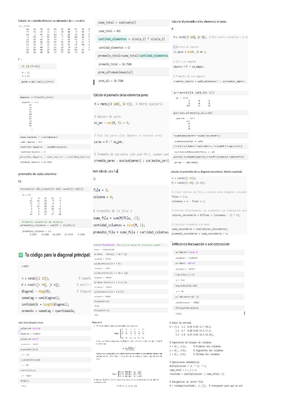 Apuntes de Códigos MATLAB: Promedios y Operaciones con Matrices - Studocu
