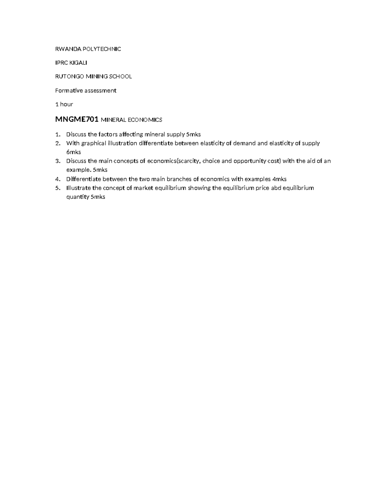Formative assessment - RWANDA POLYTECHNIC IPRC KIGALI RUTONGO MINING ...
