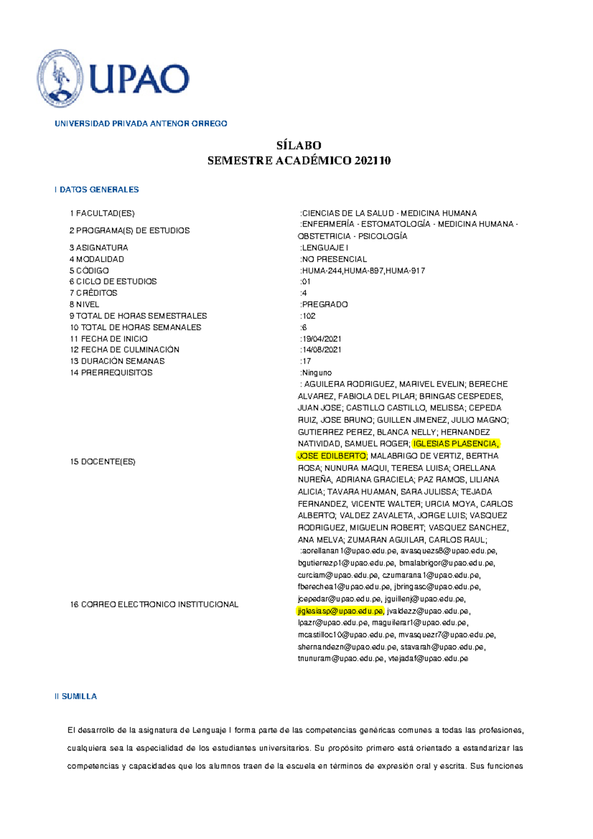 Sílabo de Lenguaje I - Medicina Humana 202110-HUMA-897 - Document Preview
