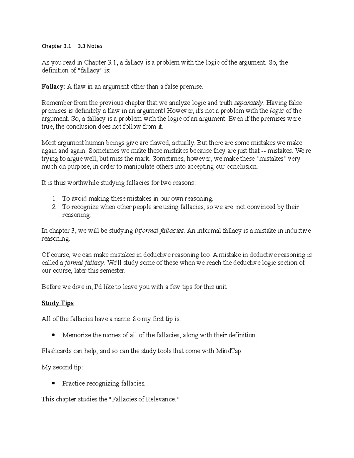 Chapter 3.1-3.2 Fallacies & Logic Notes for Critical Thinking 101 - Studocu