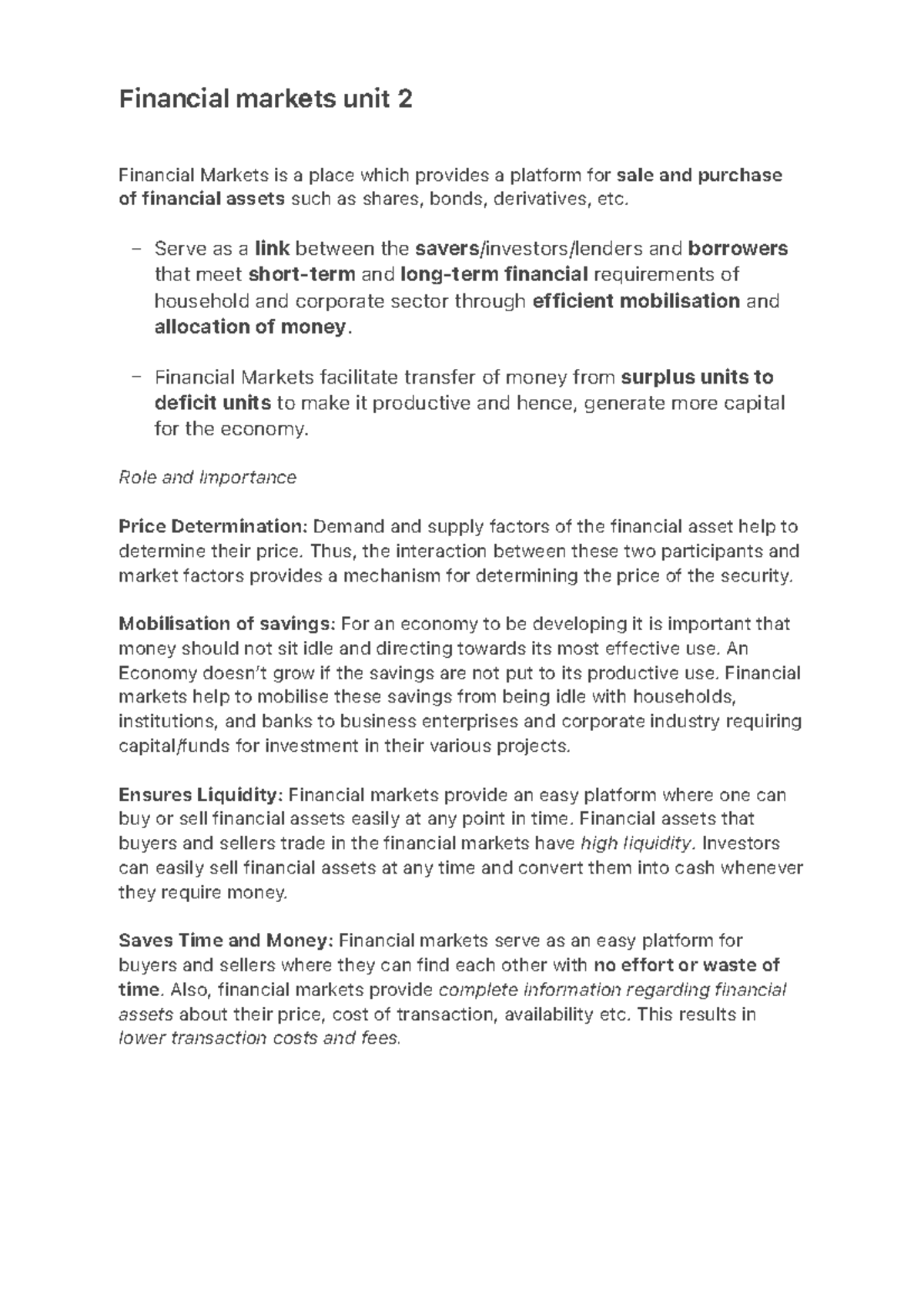 FMI 101 - Unit 2 Financial Markets Overview and Key Concepts - Studocu