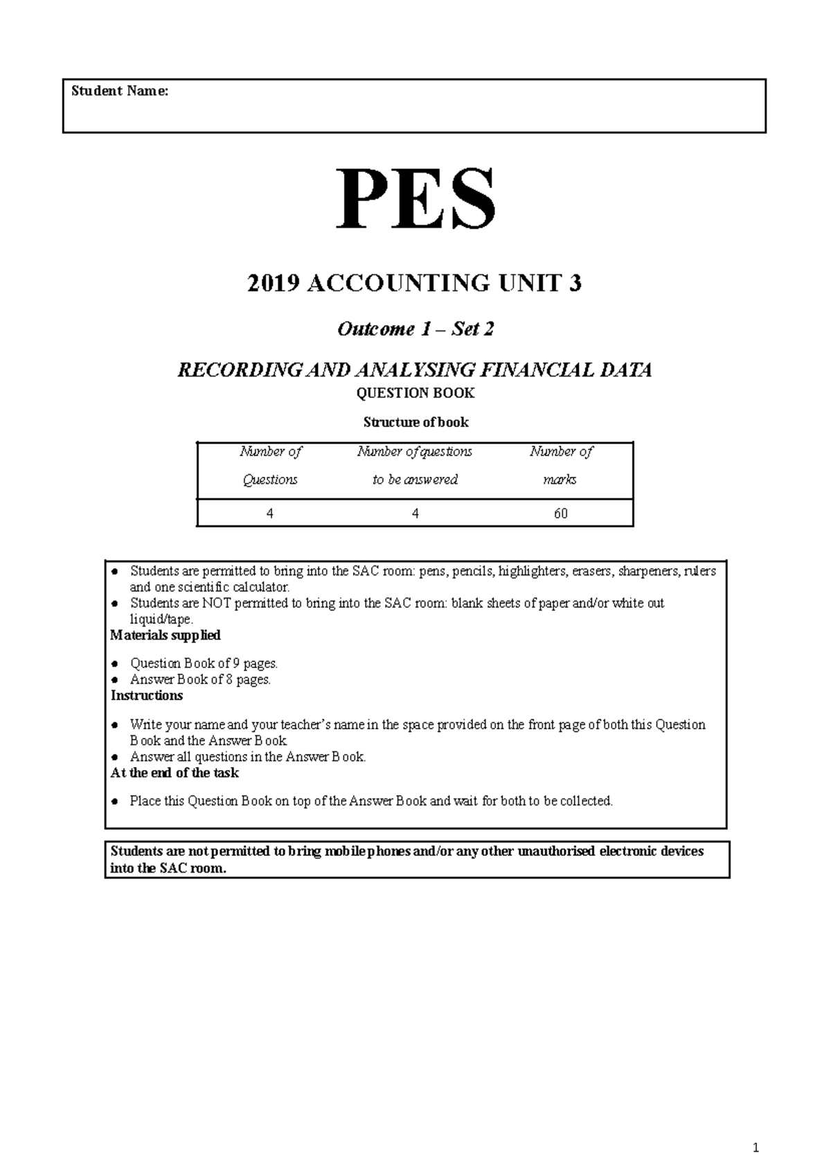 PES 2019 Accounting Unit 3 Outcome 1 Set 2: Recording Financial Data ...