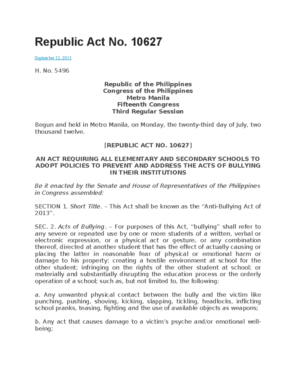 RA 10627: Anti-Bullying Act Overview and Provisions - Studocu