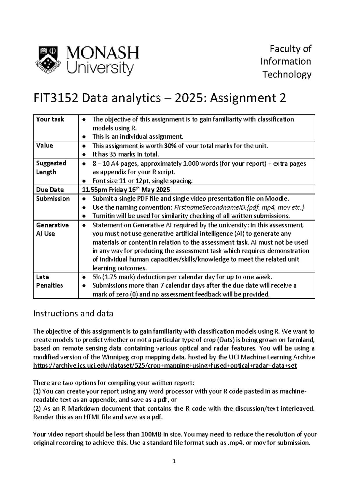 FIT3152 Data Analytics 2025: Assignment 2 on Classification Models in R ...