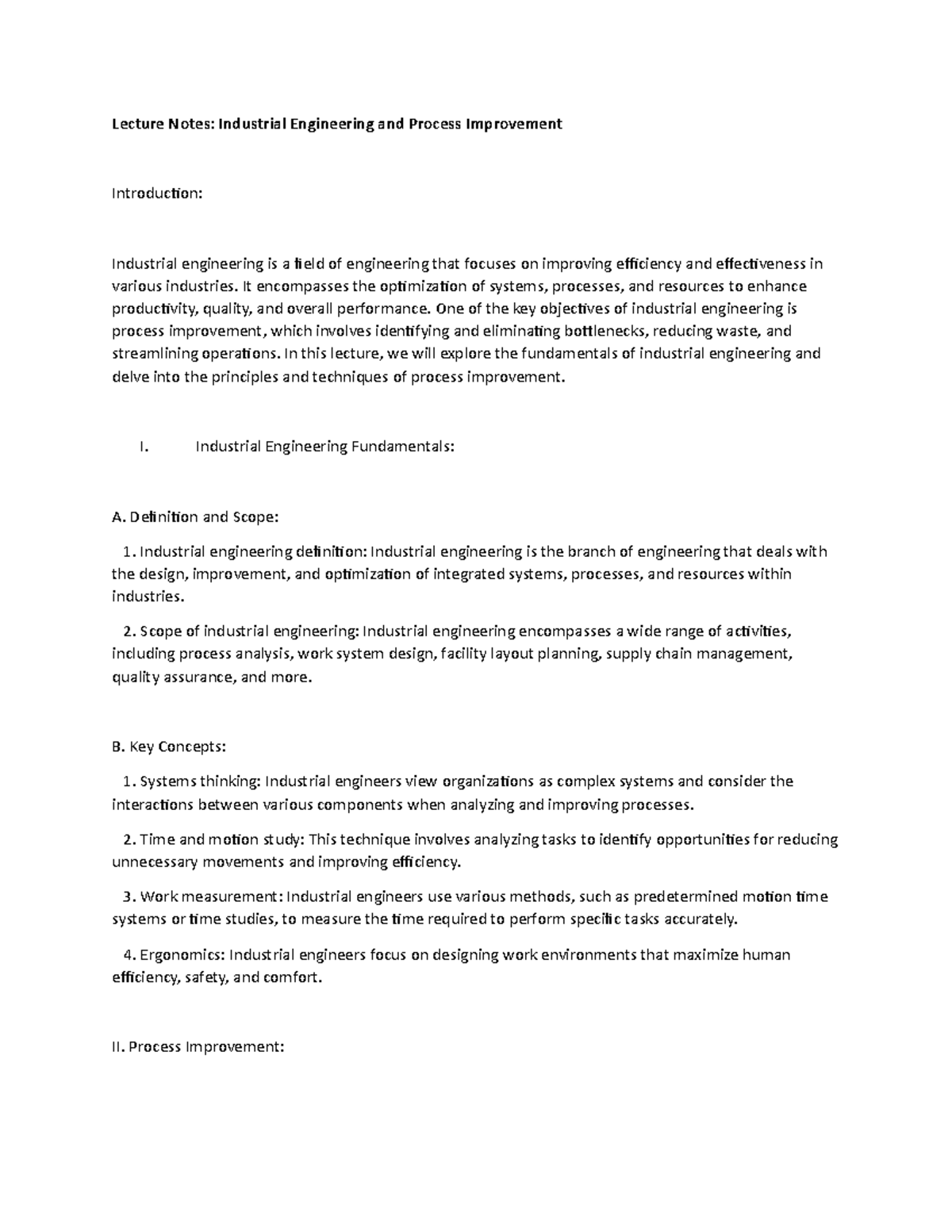 IE 101: Lecture Notes on Process Improvement in Industrial Engineering ...