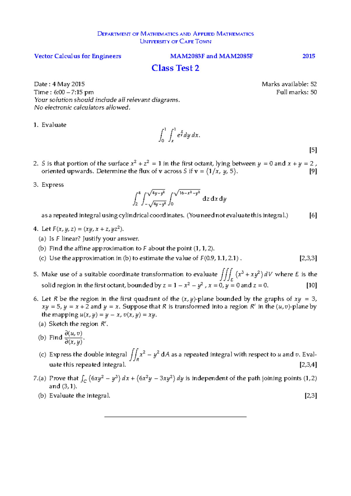 2015-05-04 MAM2083F & MAM2085F Vector Calculus Class Test 2 Solutions ...