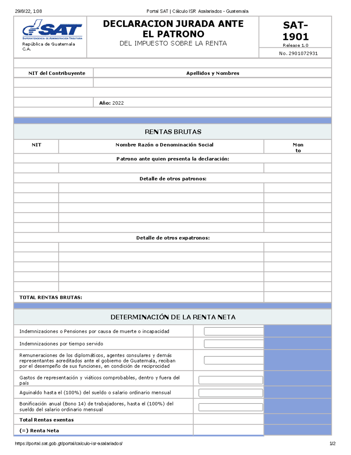 Cálculo ISR Asalariados - SAT 1901 - Guatemala 2022 Overview - Document Preview