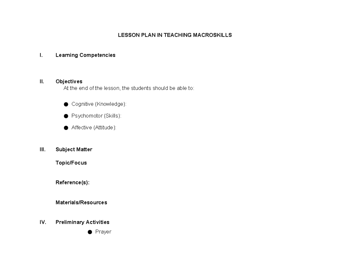 Lesson Plan for Teaching Macroskills: Objectives & Activities - Studocu