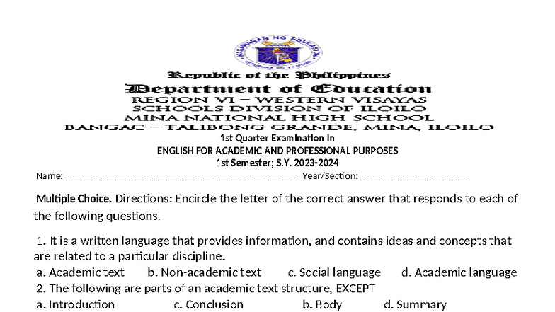 1st Quarter Exam in ENGLISH FOR ACADEMIC & PROFESSIONAL PURPOSES - Studocu