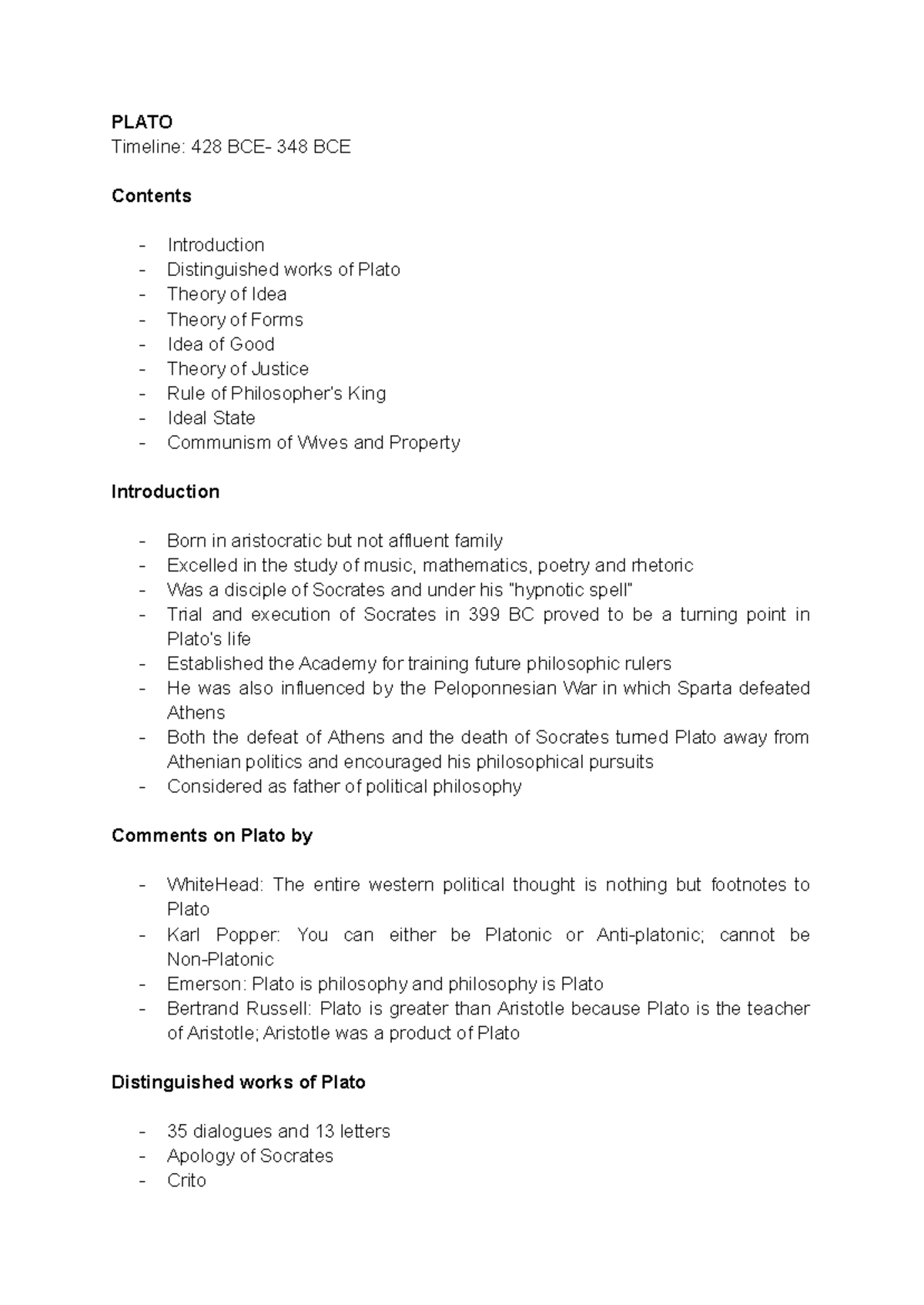 PLT 301 Lecture Notes: Plato's Political Philosophy and Ideas - Studocu