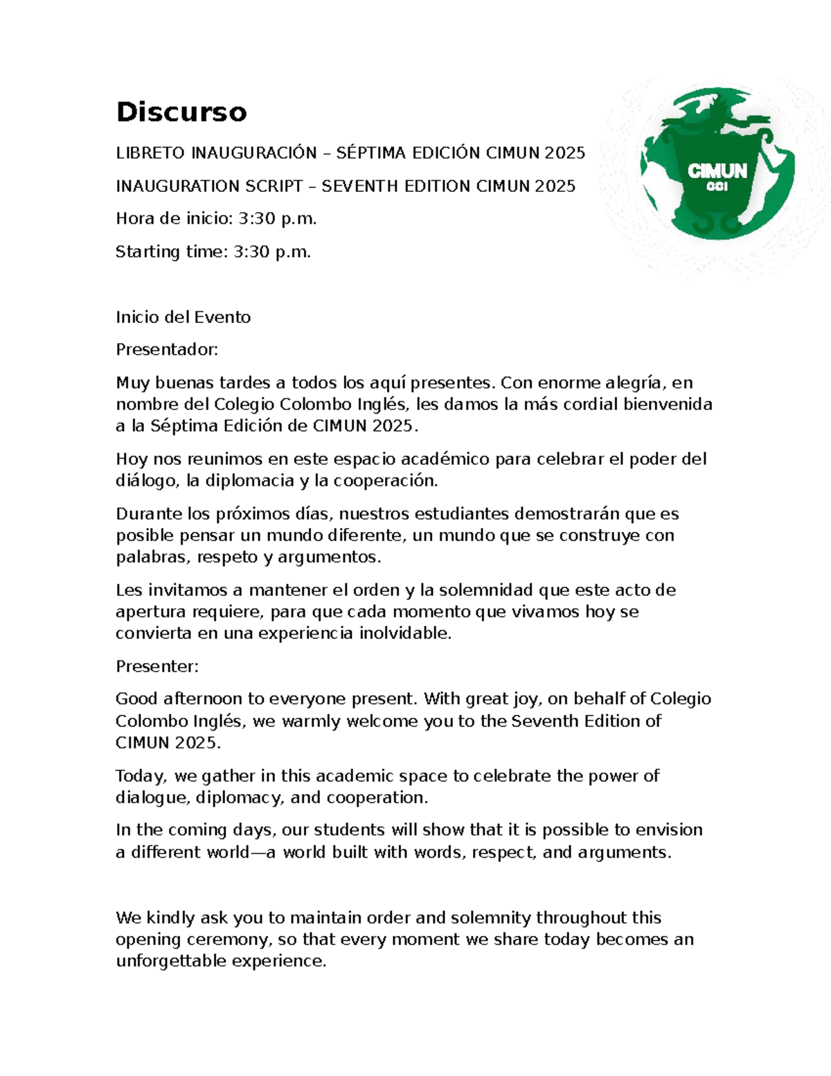 Inauguration Script for CIMUN 2025: A Ceremony of Dialogue and ...