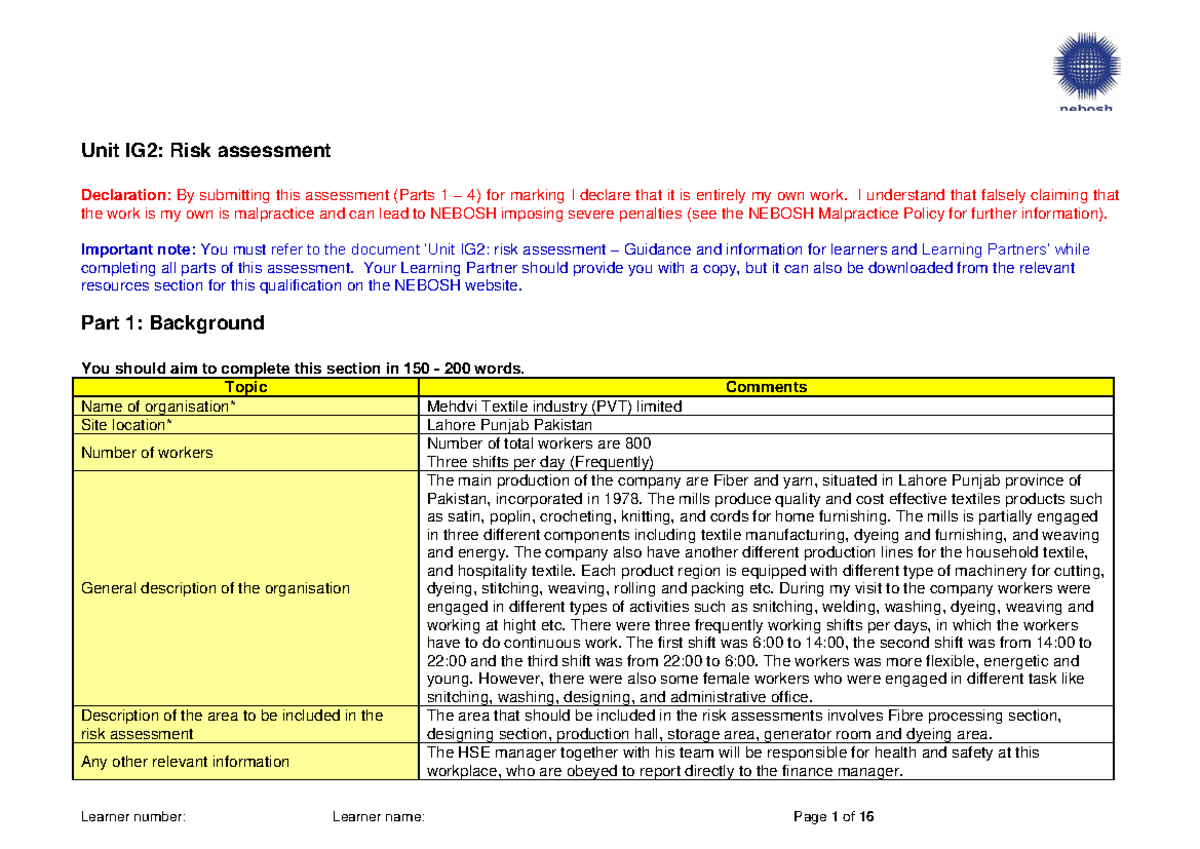 IG2 Risk Assessment Report for Mehdvi Textile Industry - Studocu