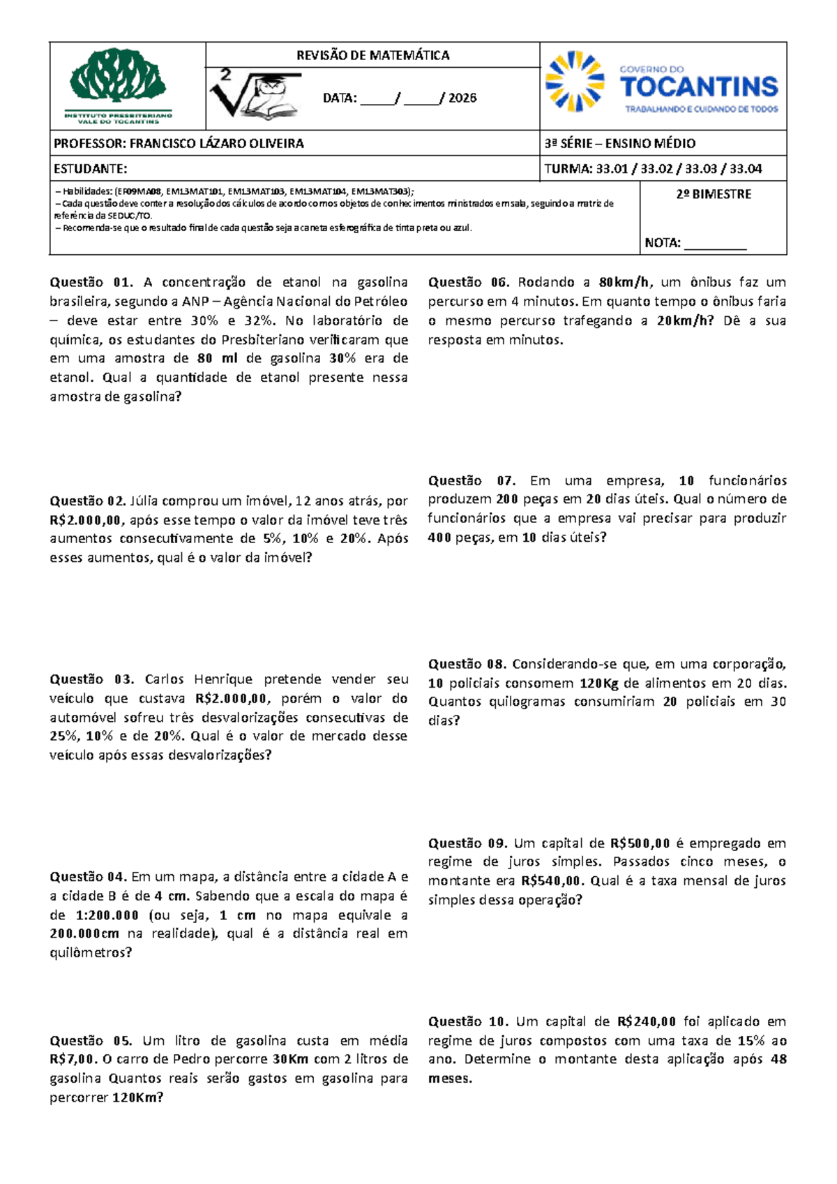 Revisão da Prova 2 de Matemática - 3ª Série Ensino Médio - Studocu