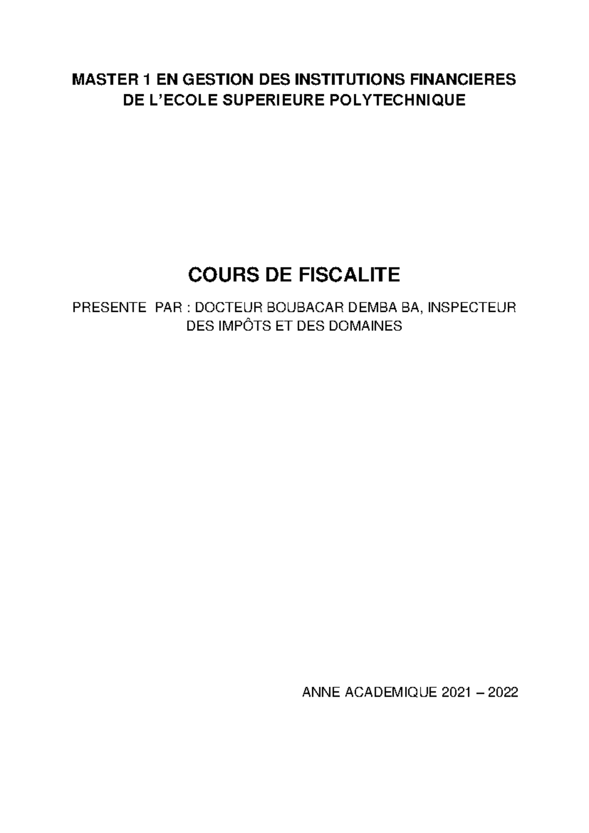 FICALITE 1 - Introduction à la Fiscalité et Classification des Impôts ...