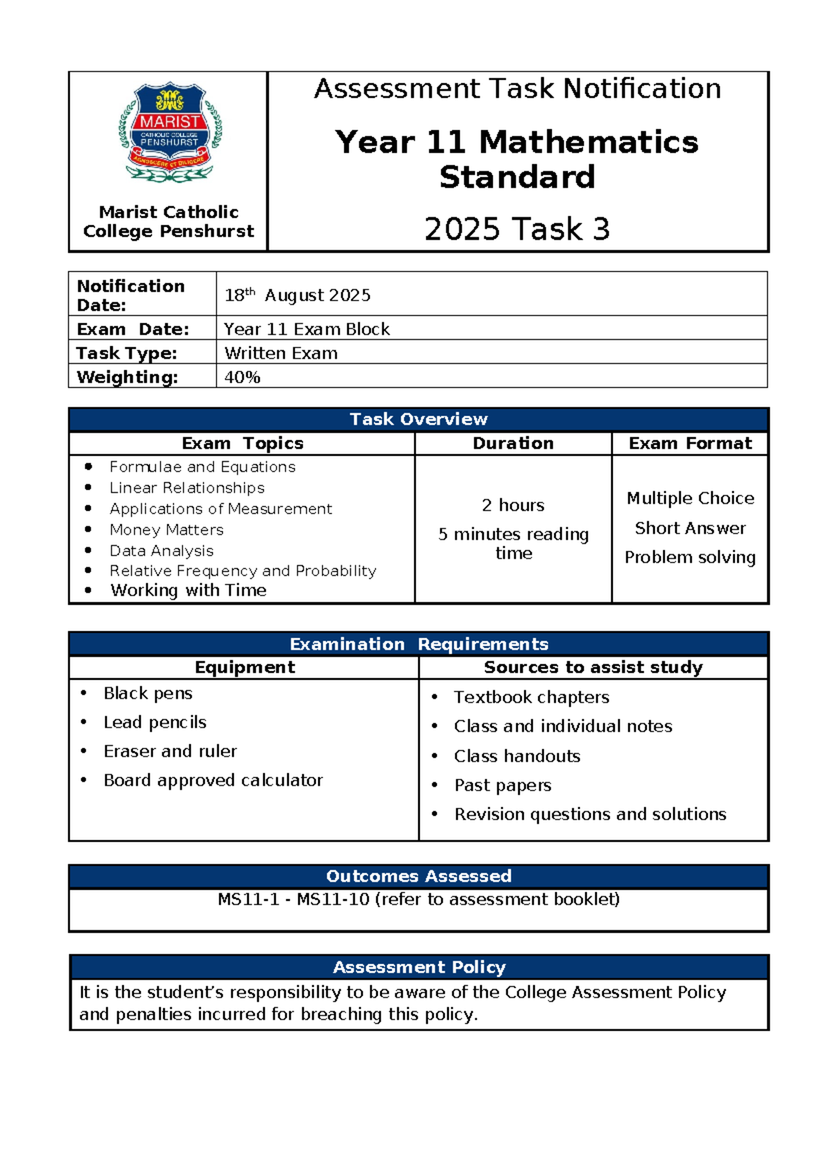 Year 11 Mathematics Standard Task 3 Exam Notification 2025 - Studocu