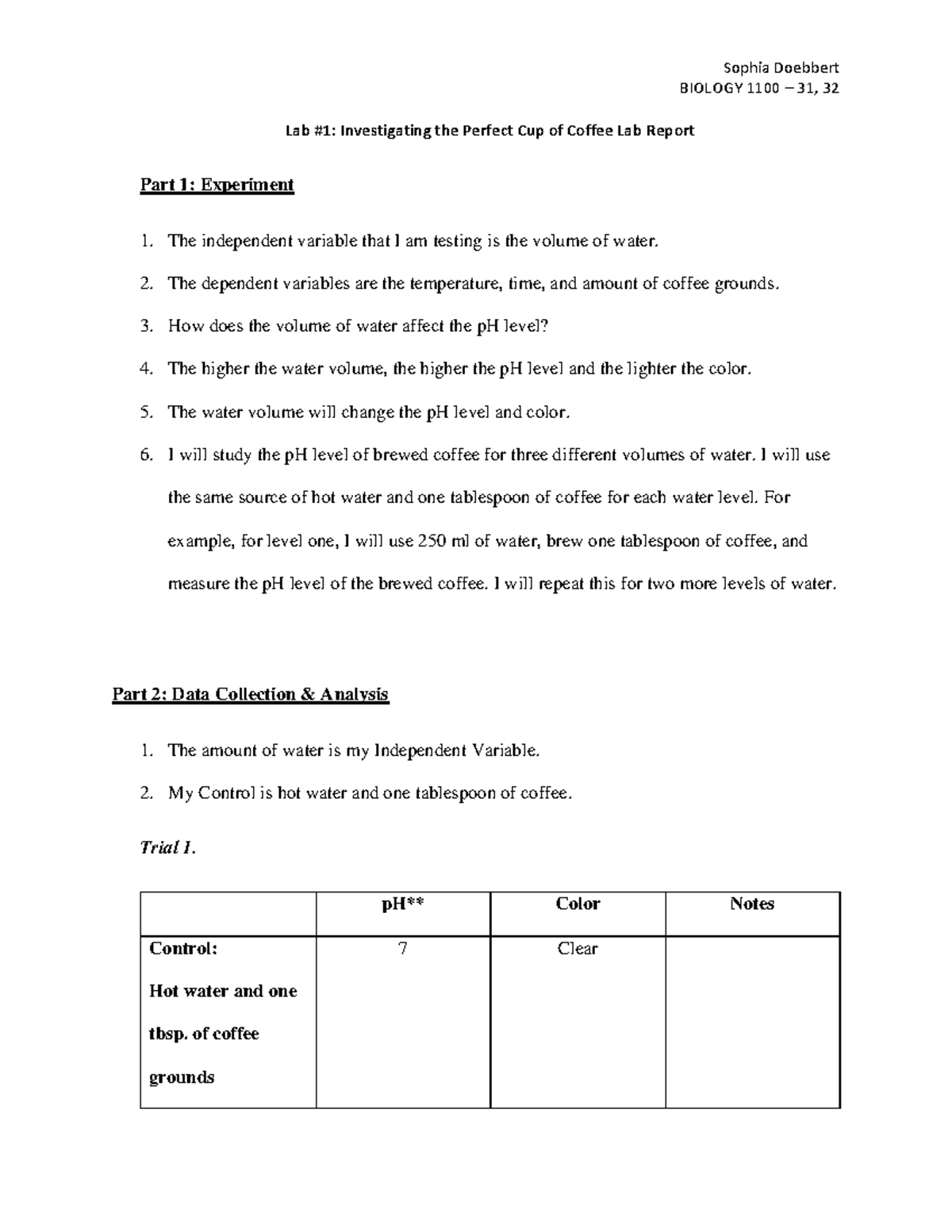 Lab 1: Exploring Water Volume Effects on Coffee Quality Lab Report ...