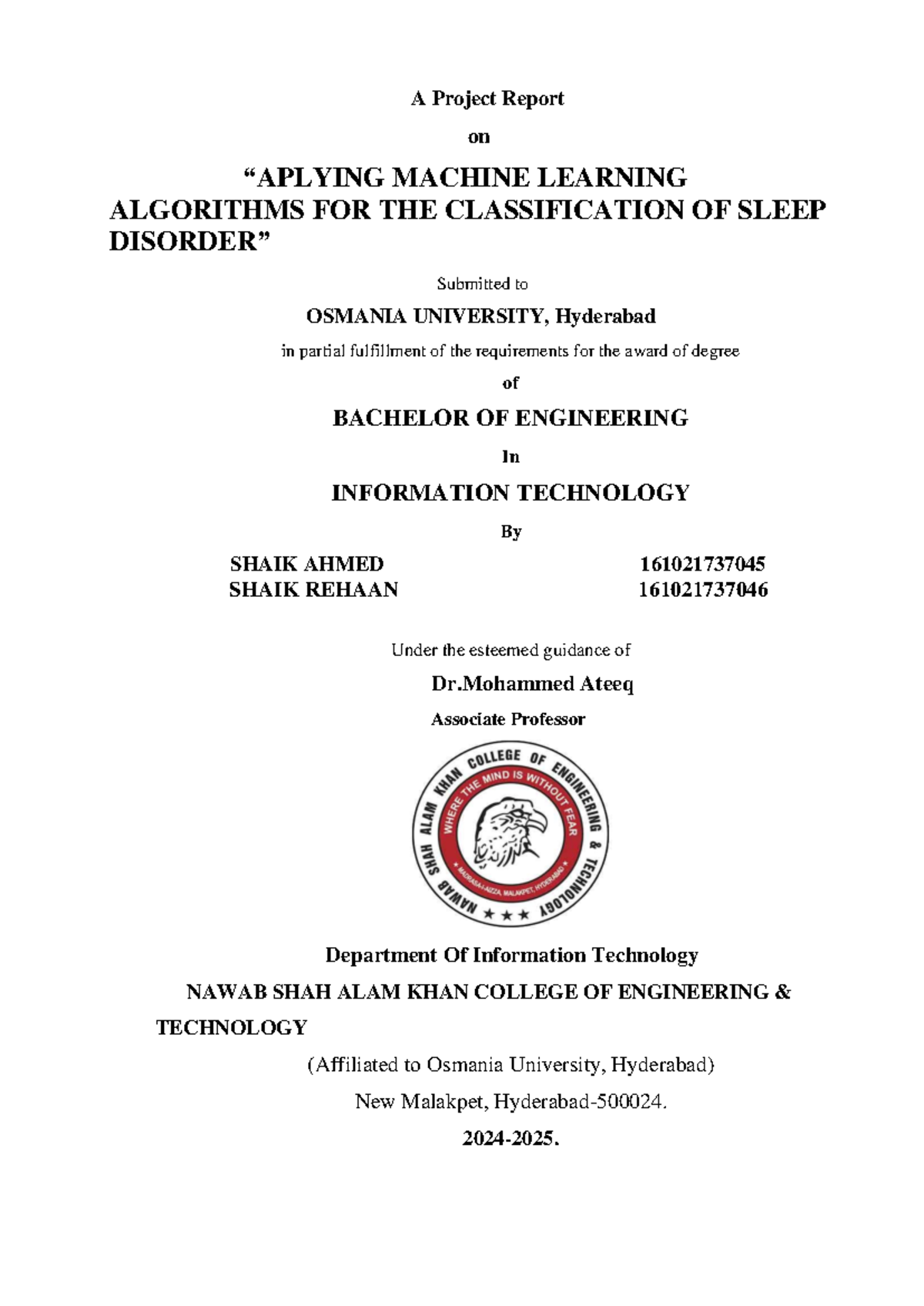 MACHINE LEARNING ALGORITHMS FOR SLEEP DISORDER CLASSIFICATION - BE IT ...