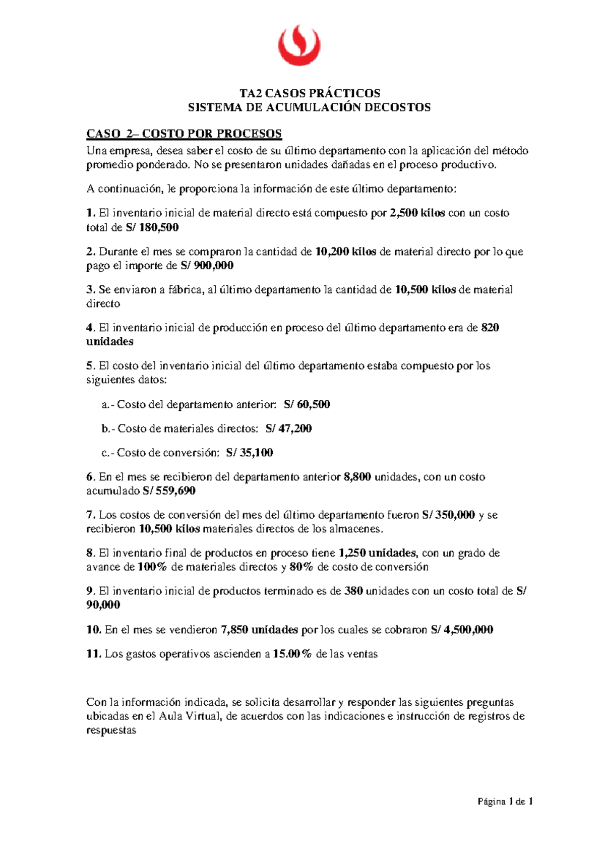 TA2 - Caso Práctico: Costo por Procesos y Análisis de Costos - Studocu